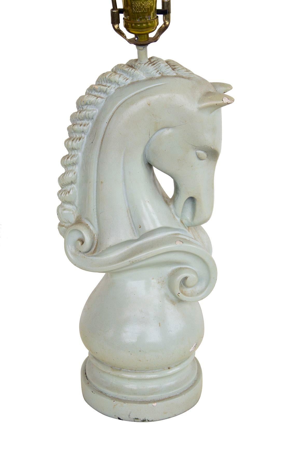 Hollywood Regency Mint Green Horse Head Rook Table Lamp For Sale