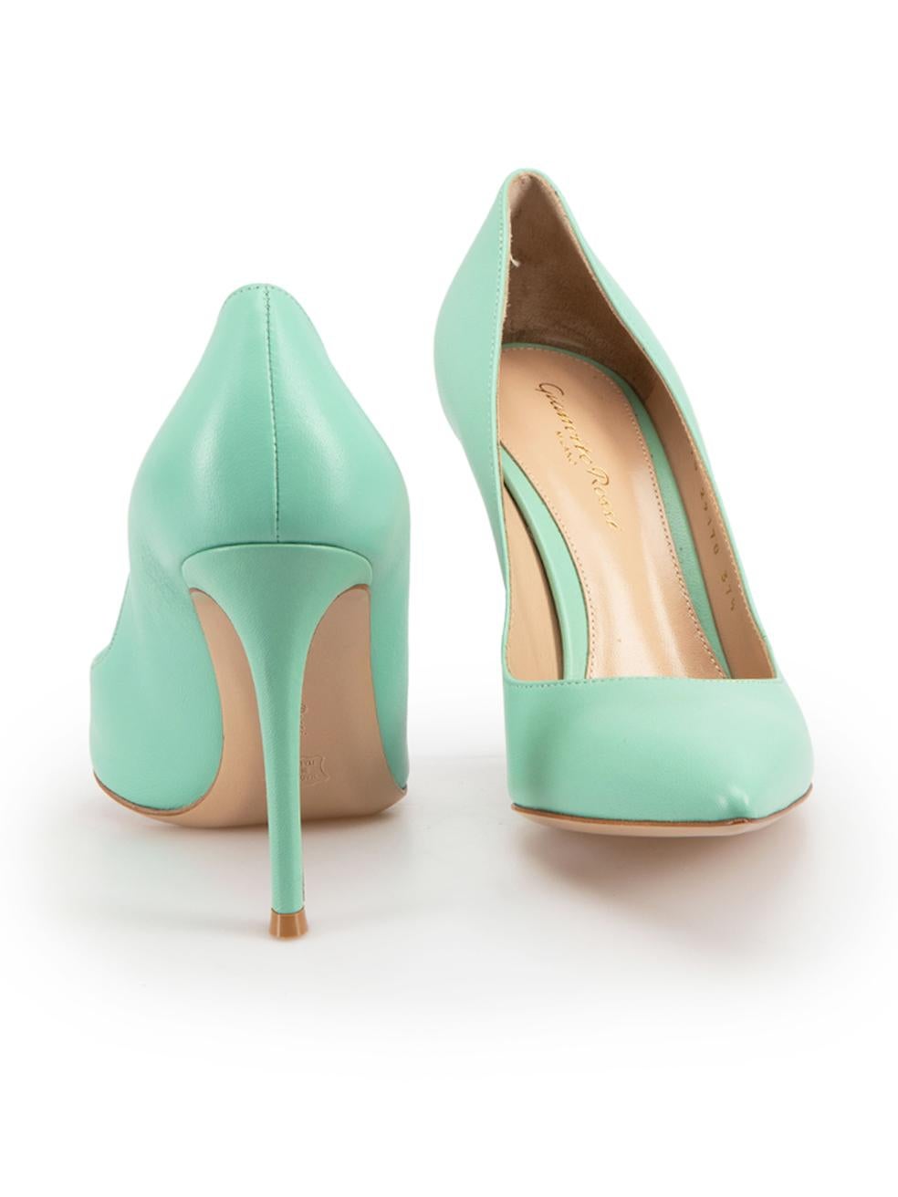 Mint Green Leather Pointed Toe Pumps Size IT 37.5 In New Condition For Sale In London, GB