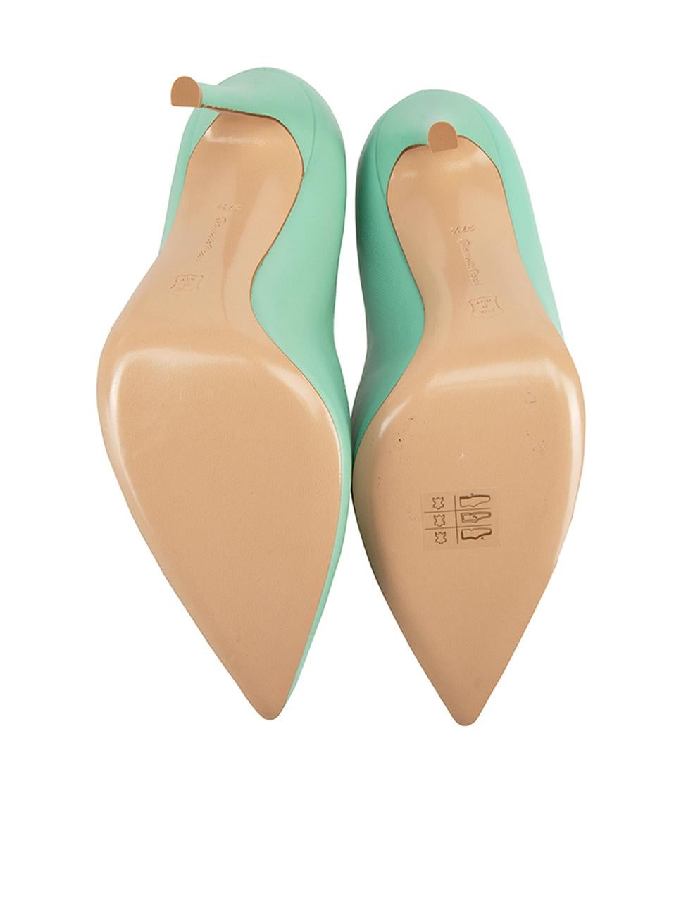 Women's Mint Green Leather Pointed Toe Pumps Size IT 37.5 For Sale