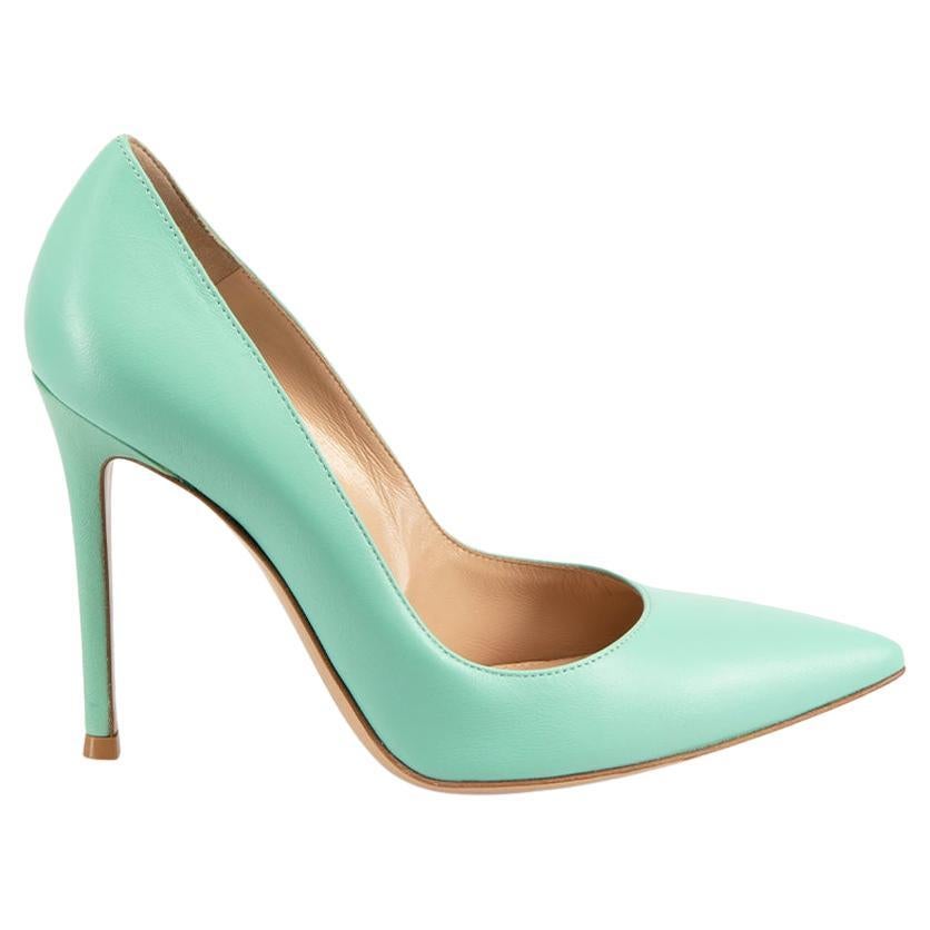 Mint Green Leather Pointed Toe Pumps Size IT 37.5 For Sale