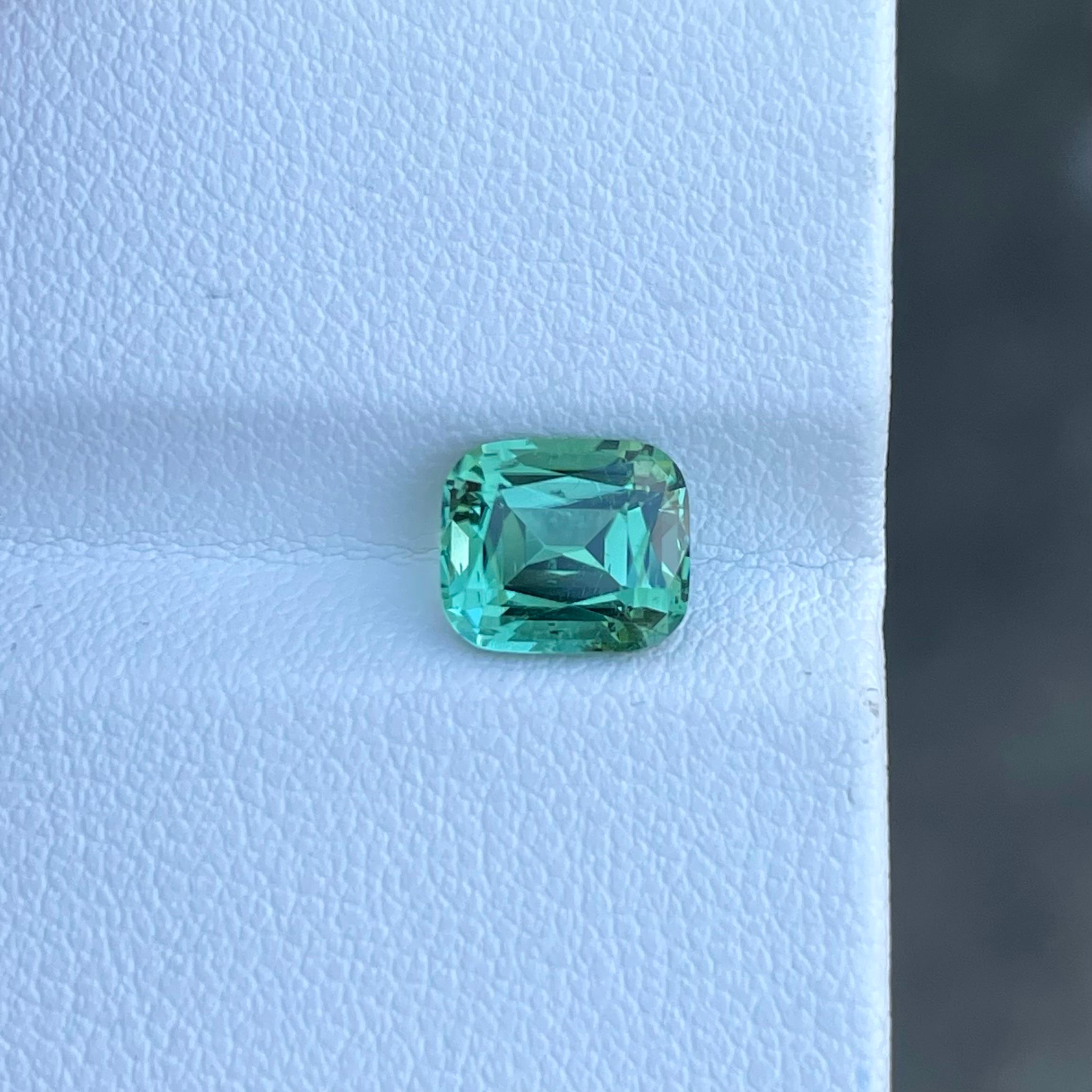 Weight 2.25 carats 
Dimensions 8.2x7.1x5.3 mm
Treatment None
Clarity VVS (Very, Very Slightly Included)
Origin Afghanistan
Shape Cushion
Cut Step Cushion





The Mint Green Tourmaline, weighing 2.25 carats, is a true marvel of nature sourced from
