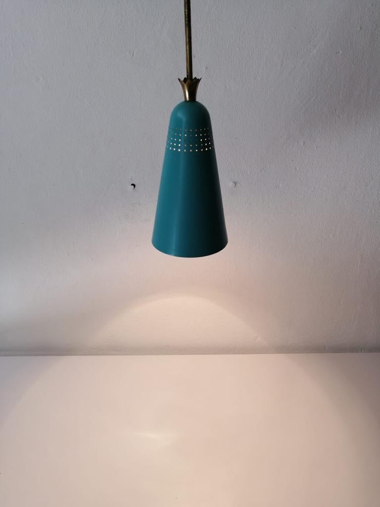 Mint Green Metal Conical Pendant Lamp in the Style of Stilnovo, 1950s, Italy In Good Condition For Sale In Hagenbach, DE