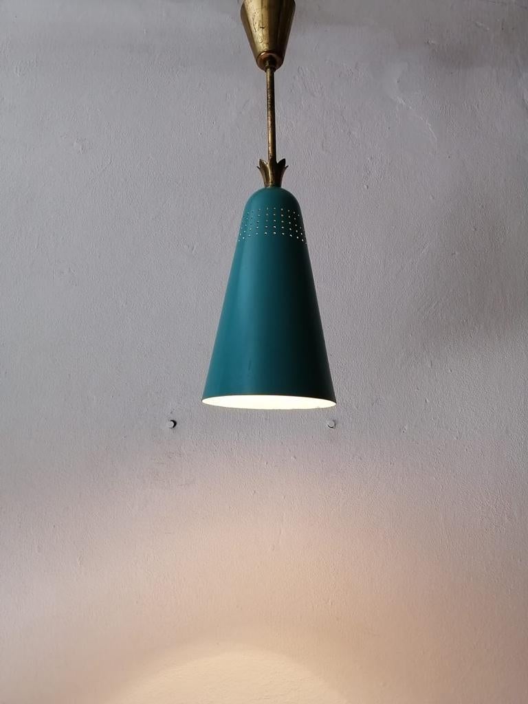 Mid-20th Century Mint Green Metal Conical Pendant Lamp in the Style of Stilnovo, 1950s, Italy For Sale