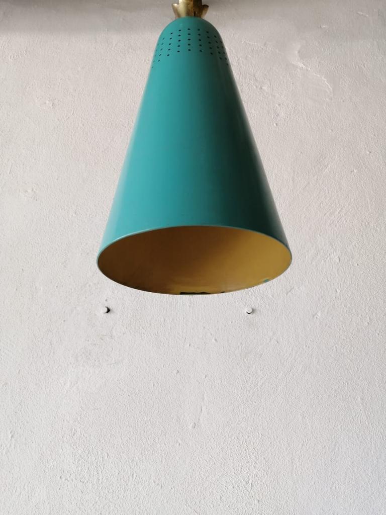 Mint Green Metal Conical Pendant Lamp in the Style of Stilnovo, 1950s, Italy For Sale 1