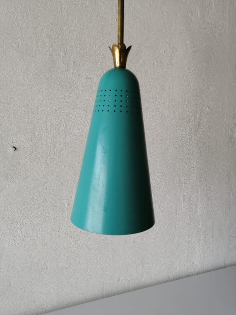 Mint Green Metal Conical Pendant Lamp in the Style of Stilnovo, 1950s, Italy For Sale 2