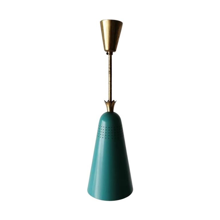 Mint Green Metal Conical Pendant Lamp in the Style of Stilnovo, 1950s, Italy For Sale