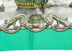 Mint Green & Multicolor Hermes 'Vaisseaux de Haut-Bord' Motfi Printed Silk Scarf