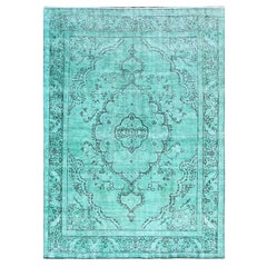 Mint Green Overdyed Vintage Persian Tabriz Worn Down Pure Wool Hand Knotted Rug