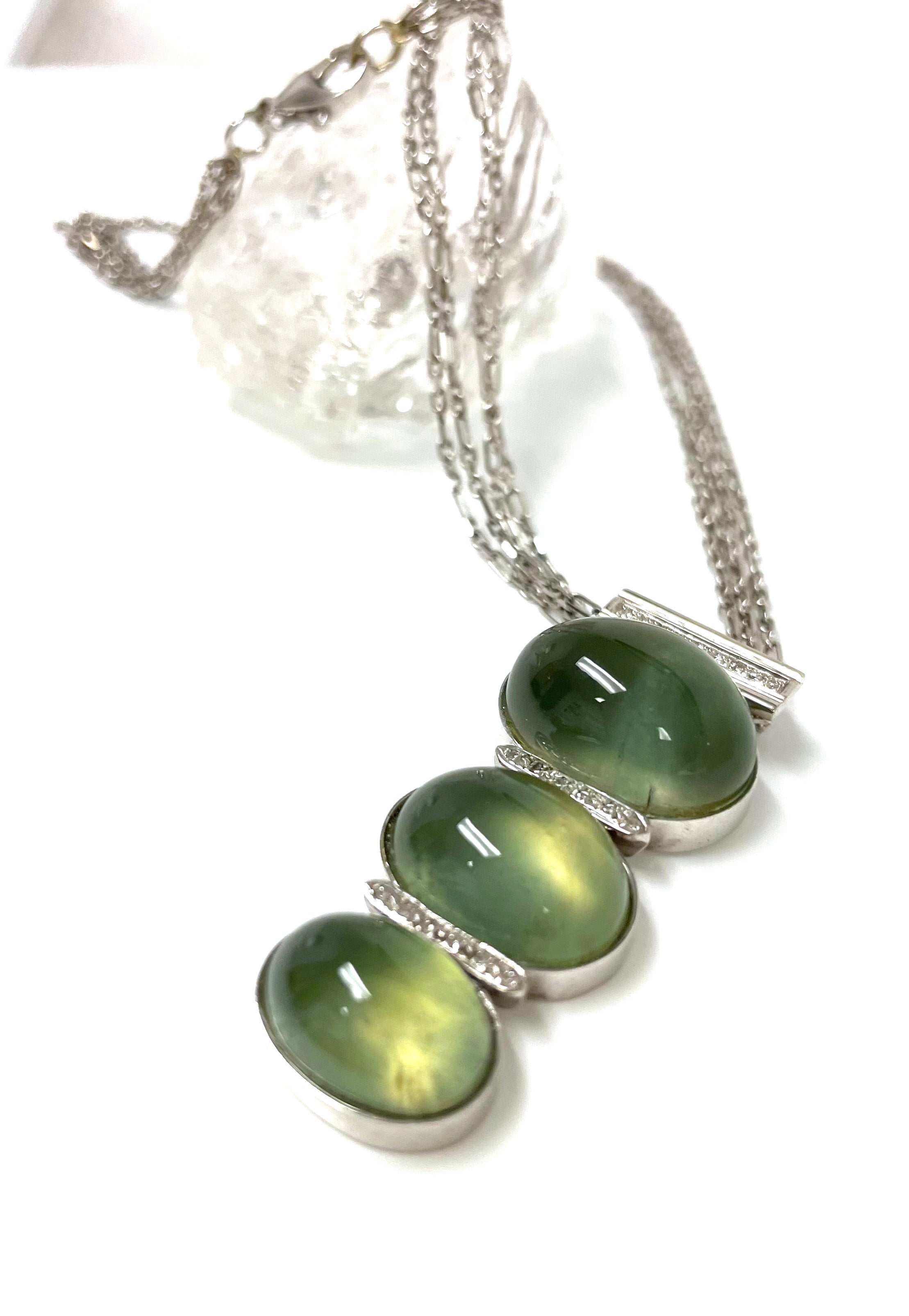 Contemporary Mint Green Prehnite with Pave Diamonds Pendant Paradizia Necklace  For Sale