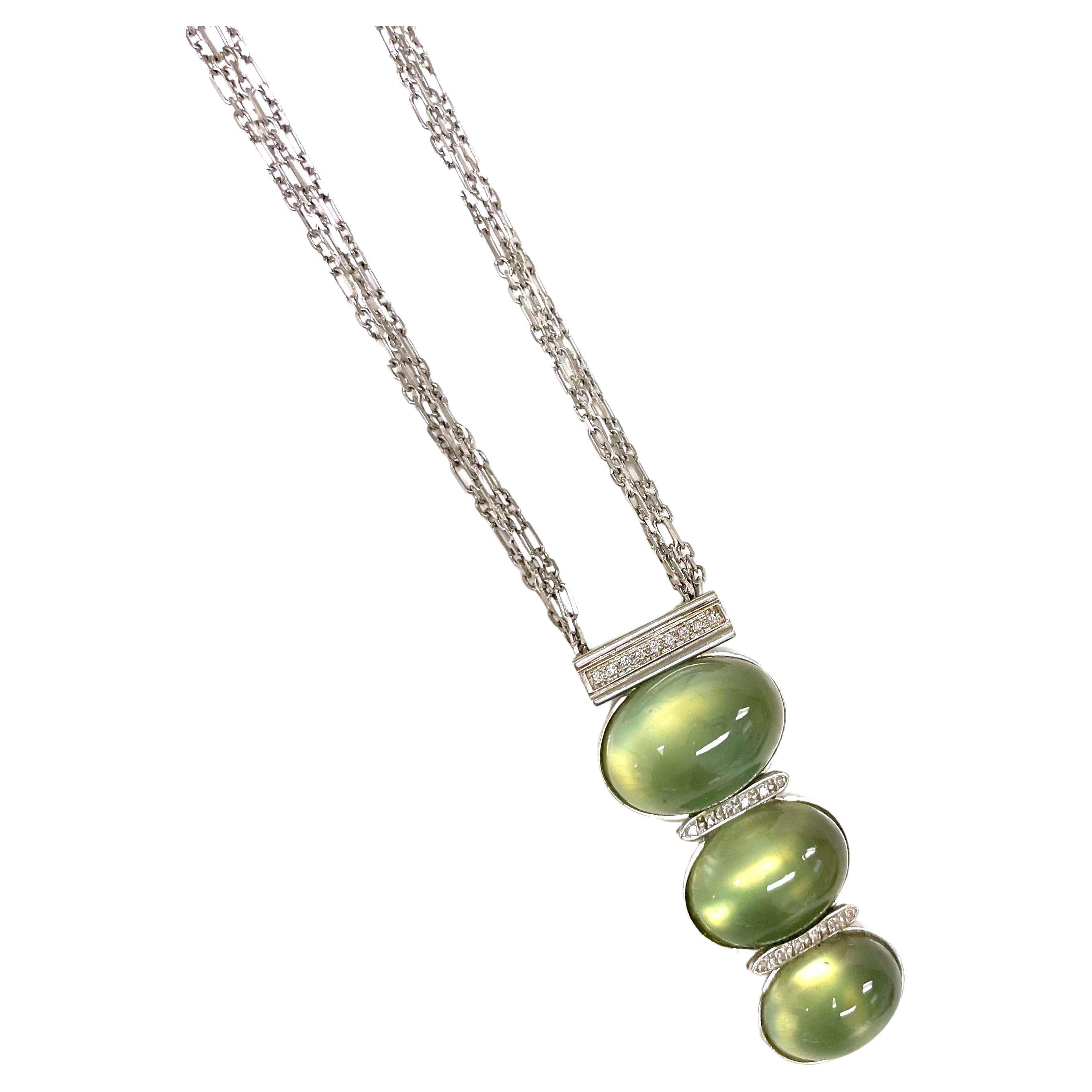 Women's Mint Green Prehnite with Pave Diamonds Pendant Paradizia Necklace  For Sale