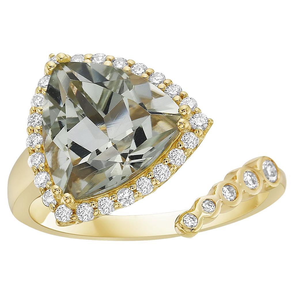 Mint Green Quartz Yellow Gold Bypass Diamond Ring For Sale