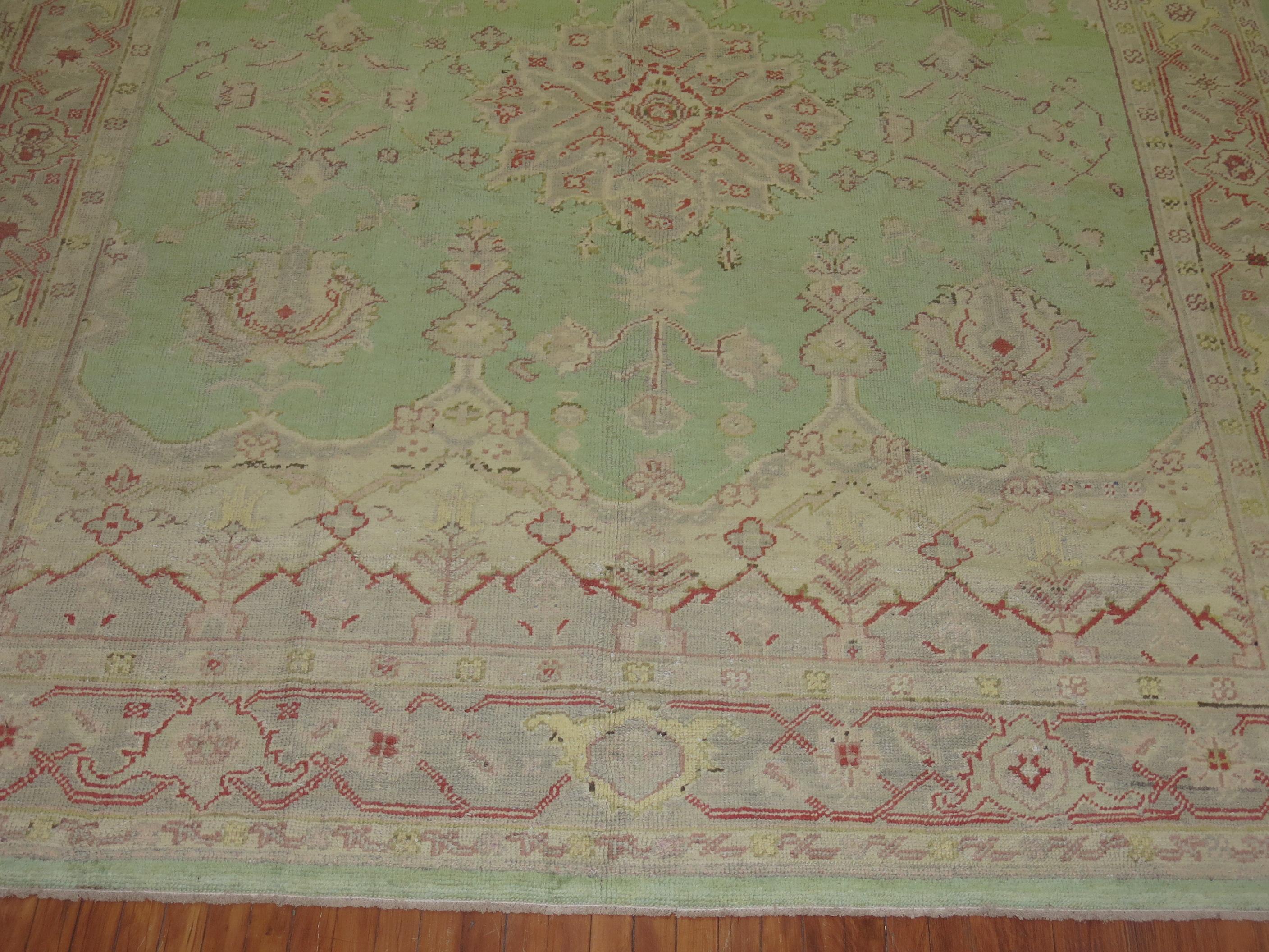 Agra Mint Green Room Size Antique Turkish Oushak Carpet, 20th Century For Sale