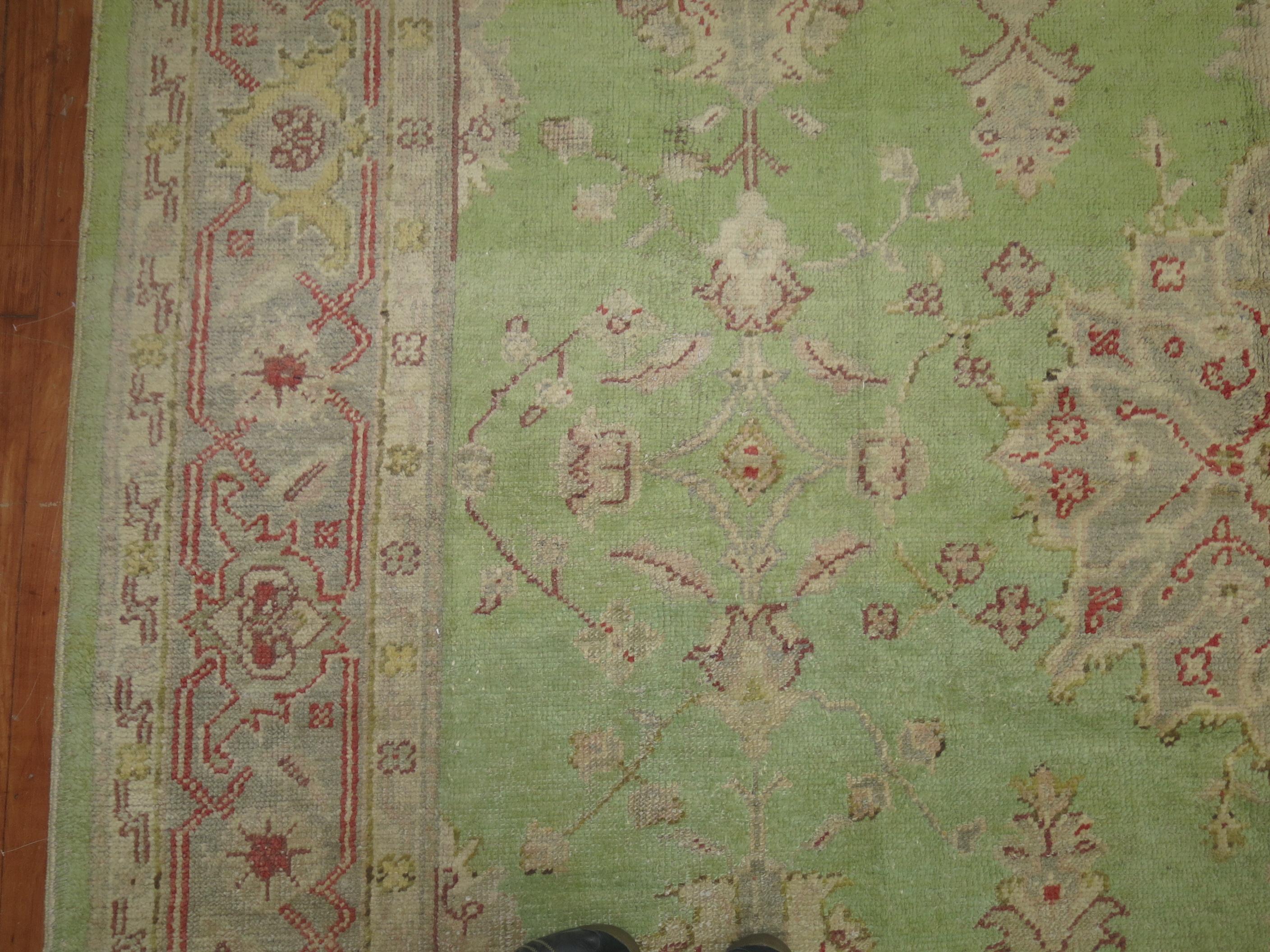 Hand-Woven Mint Green Room Size Antique Turkish Oushak Carpet, 20th Century For Sale