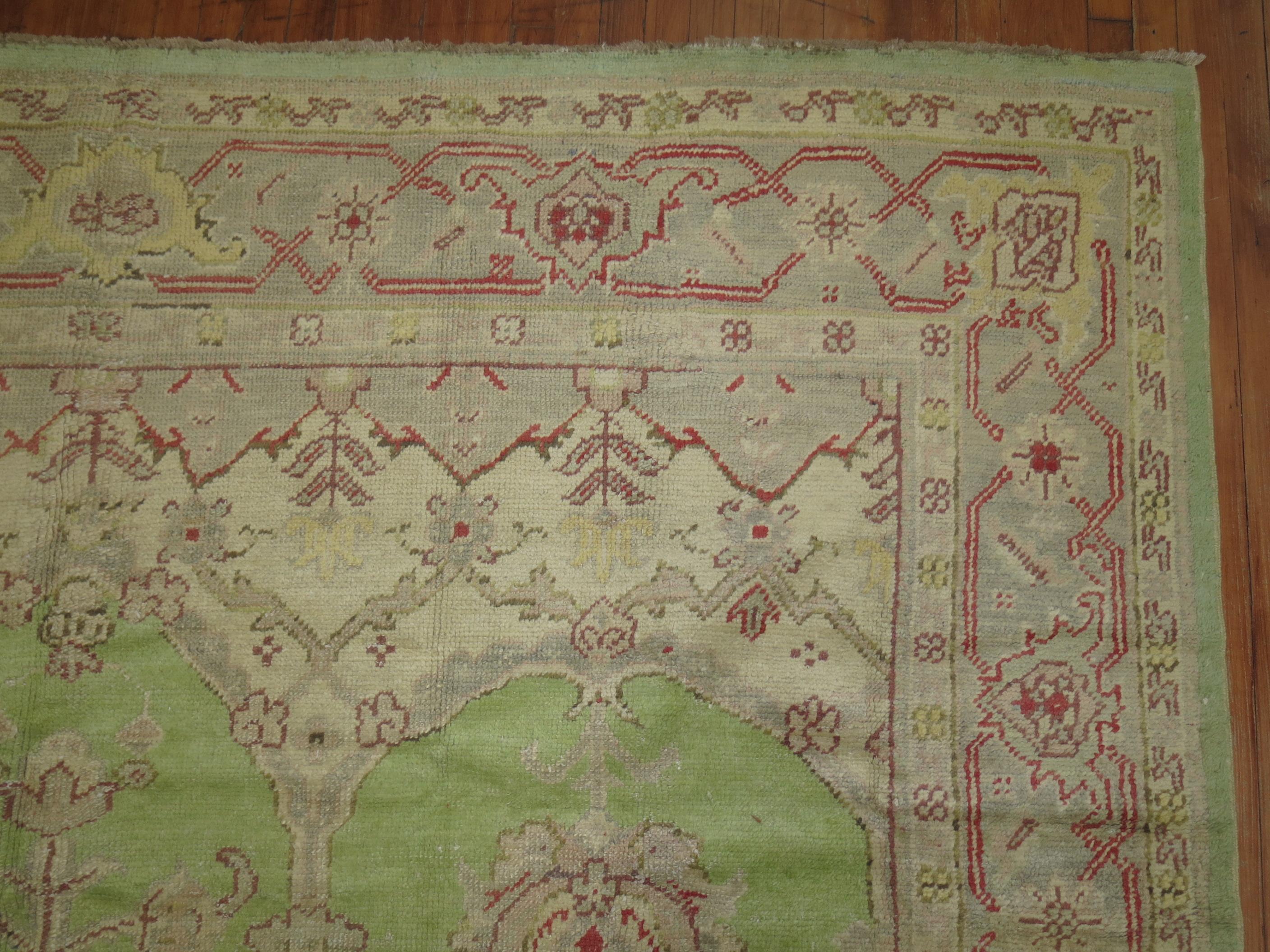 Wool Mint Green Room Size Antique Turkish Oushak Carpet, 20th Century For Sale