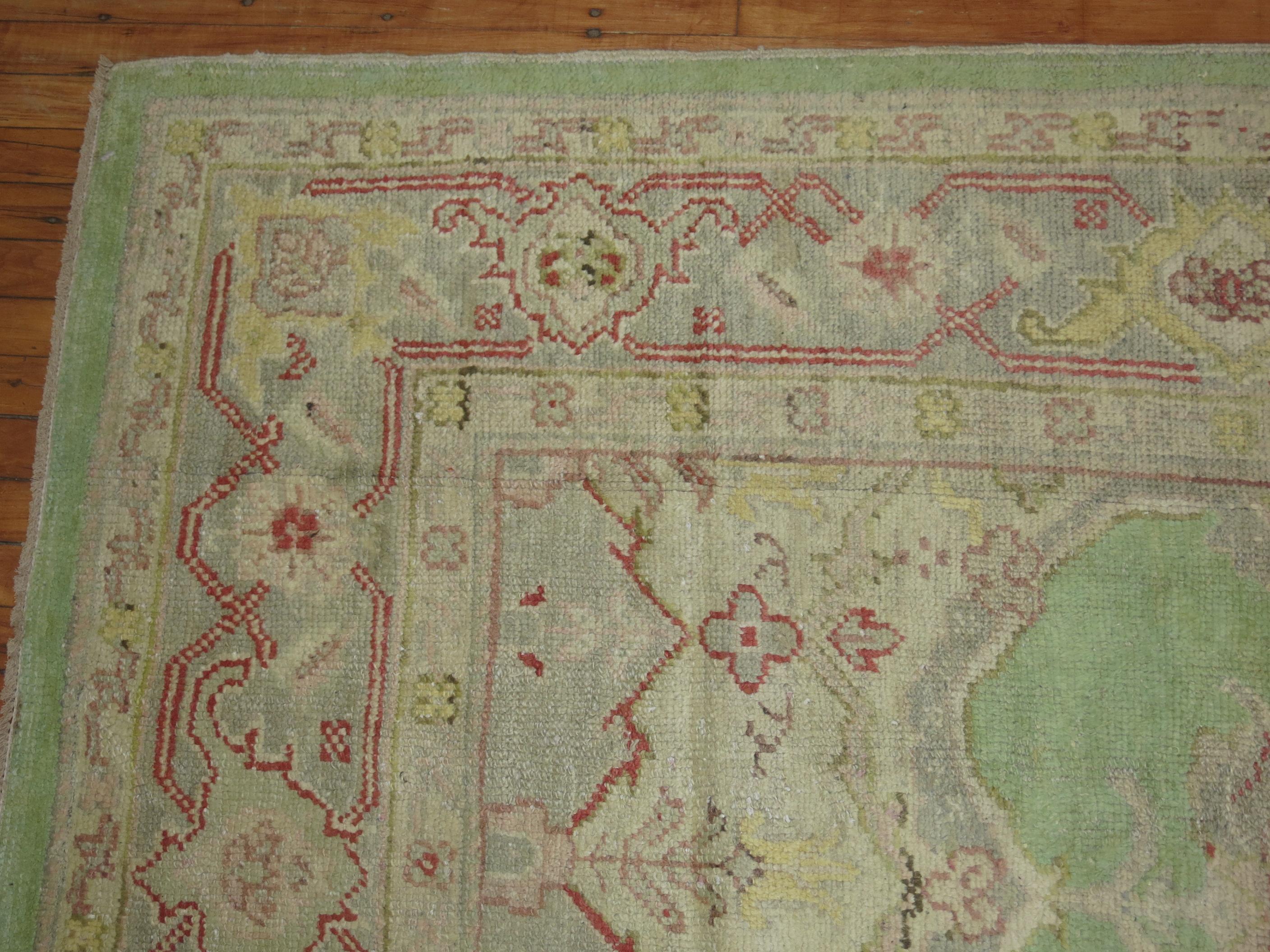 Mint Green Room Size Antique Turkish Oushak Carpet, 20th Century For Sale 1