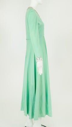 Mint Green Silk Jersey Maxi Hostess Dress w Heavy Beading, Hong Kong – M, 1969