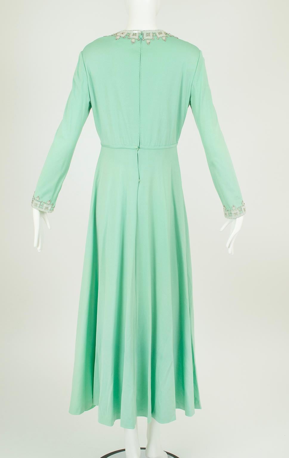 Women's Mint Green Silk Jersey Maxi Hostess Dress w Heavy Beading, Hong Kong – M, 1969 For Sale