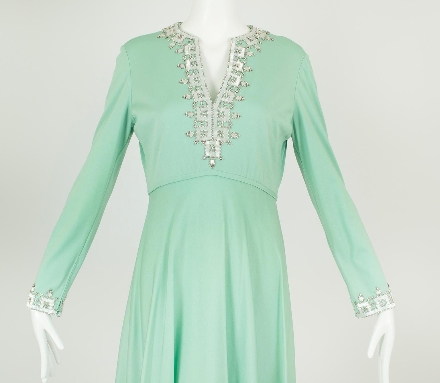 Mint Green Silk Jersey Maxi Hostess Dress w Heavy Beading, Hong Kong – M, 1969 For Sale 1