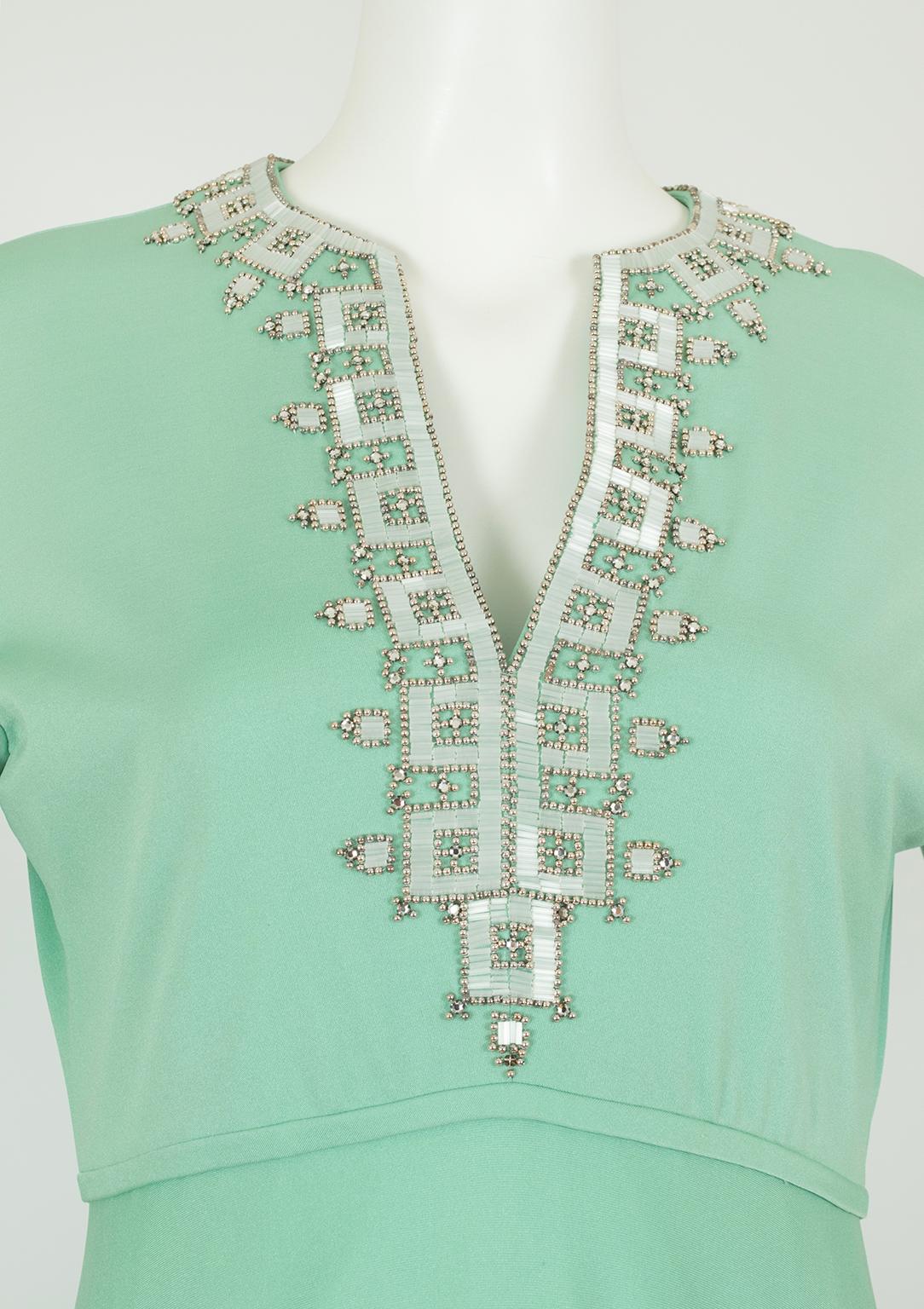 Mint Green Silk Jersey Maxi Hostess Dress w Heavy Beading, Hong Kong – M, 1969 For Sale 3