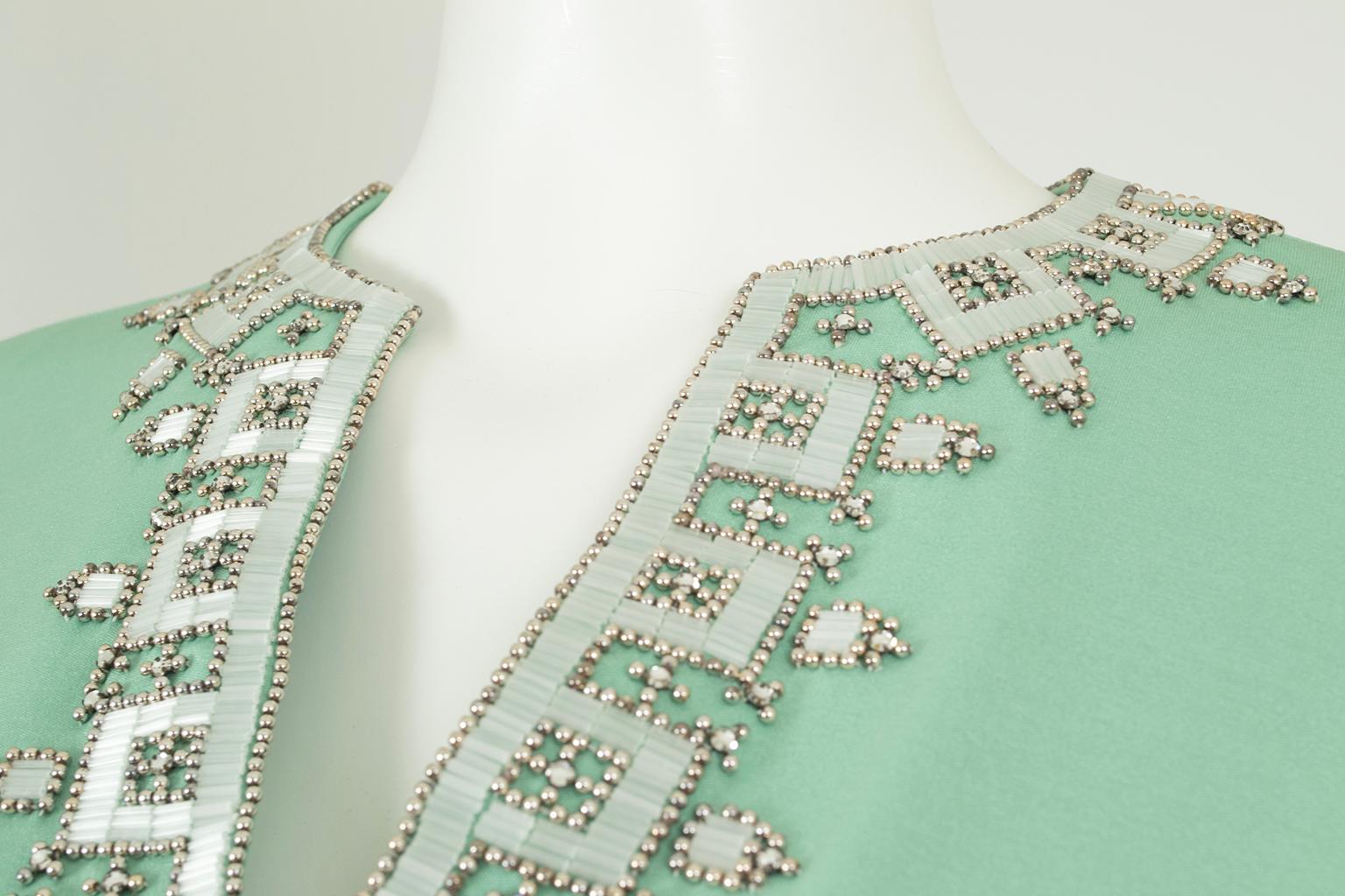 Mint Green Silk Jersey Maxi Hostess Dress w Heavy Beading, Hong Kong – M, 1969 For Sale 4