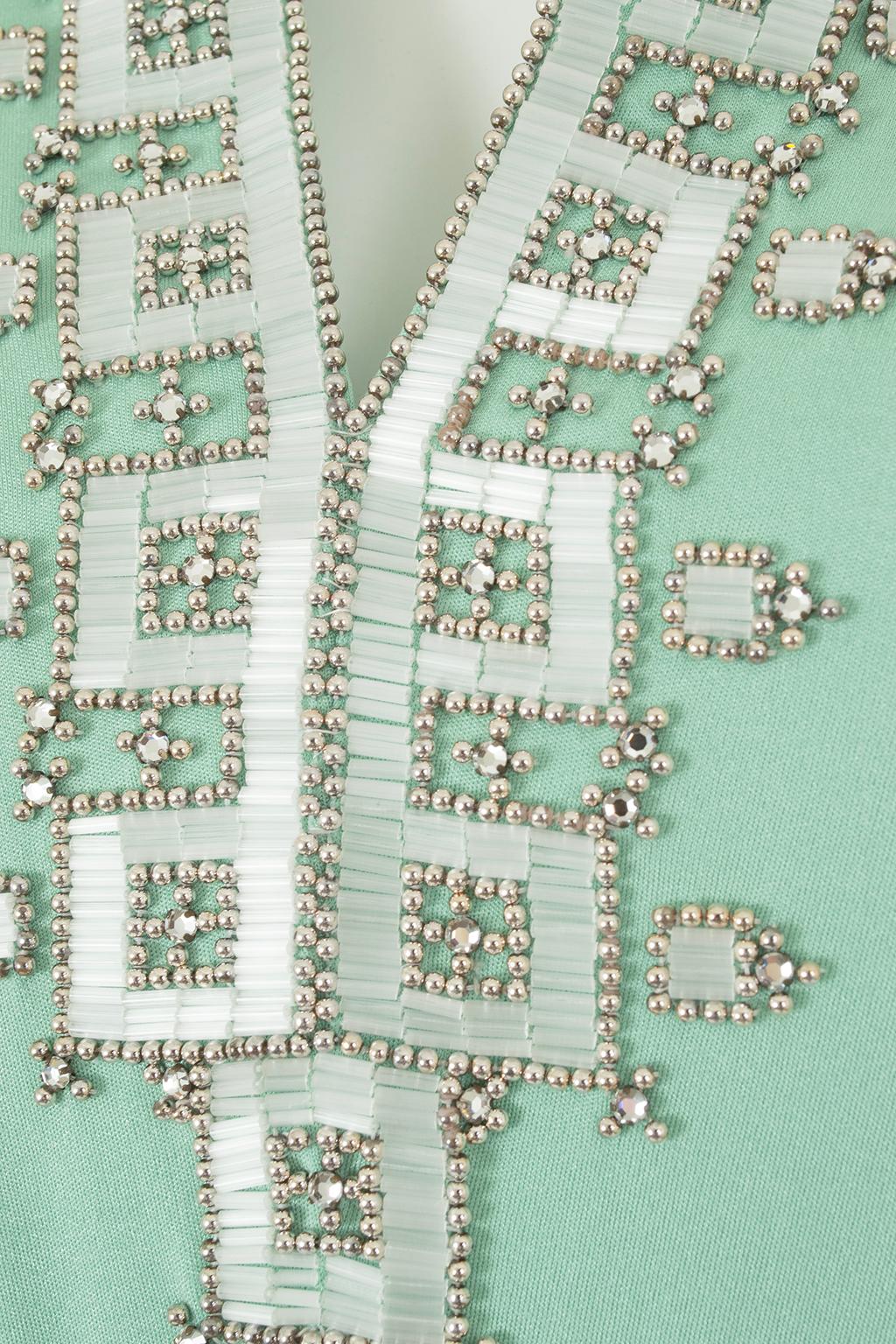 Mint Green Silk Jersey Maxi Hostess Dress w Heavy Beading, Hong Kong – M, 1969 For Sale 5