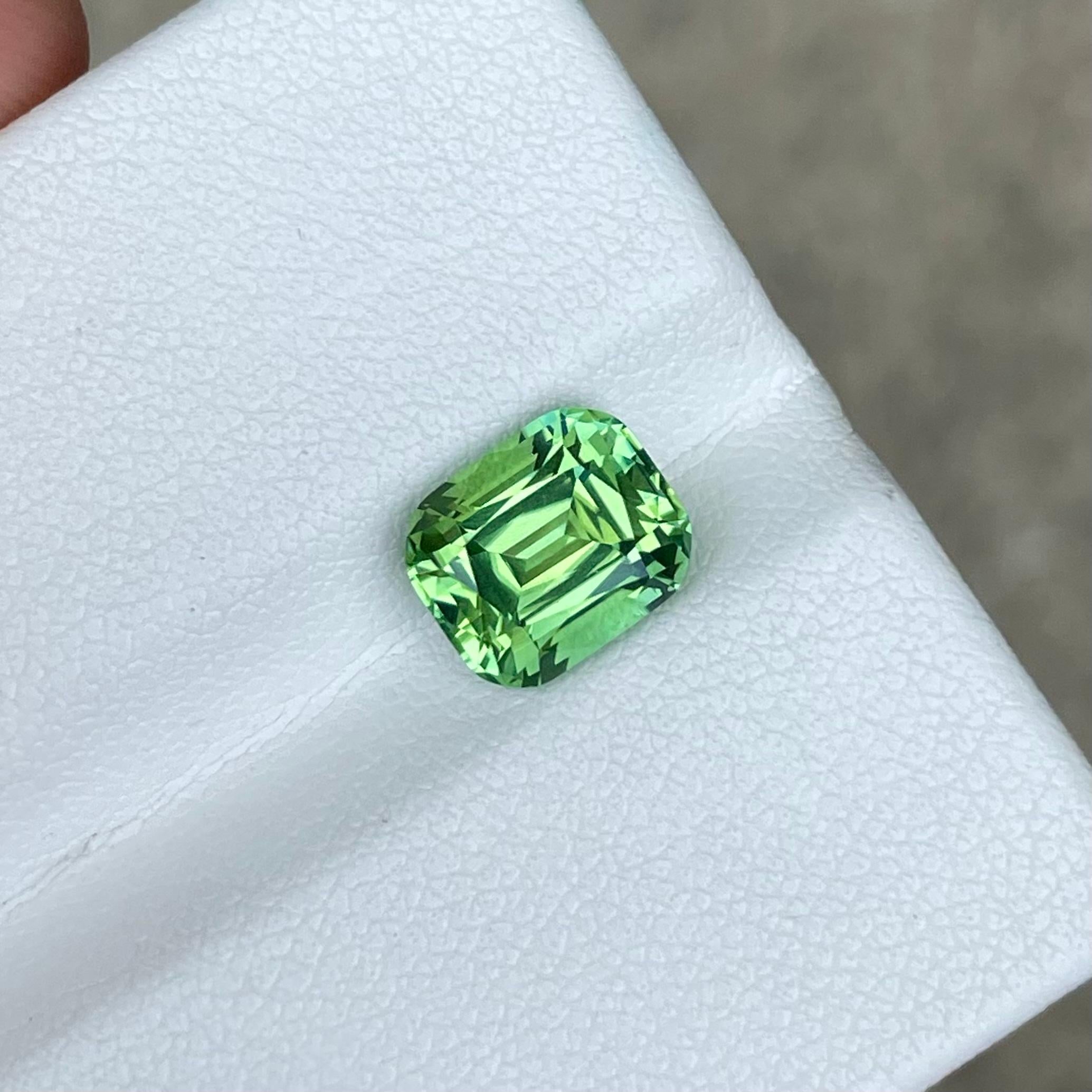 Weight : 2.60 carats 
Dimensions : 8.5x7.1x5.7 mm
Clarity : Eye Clean
Treatment : None
Origin : Afghanistan
Cut : Step Cushion
Shape : Cushion




Introducing the Mint Green Tourmaline, a radiant gemstone weighing 2.60 carats and expertly cut into a