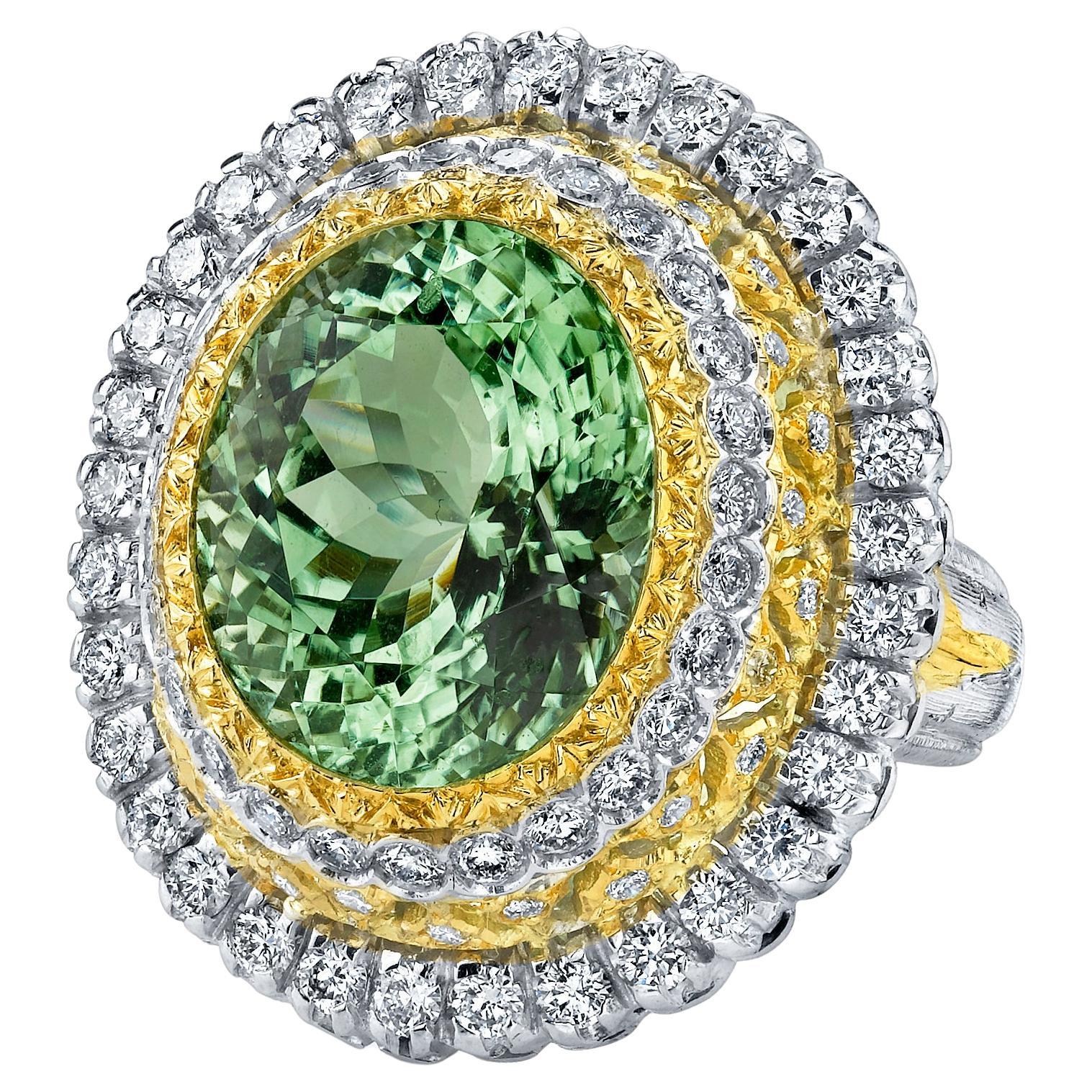 Mint Green Tourmaline Cocktail Ring, 13.52 Carats with Yellow & White Diamonds For Sale