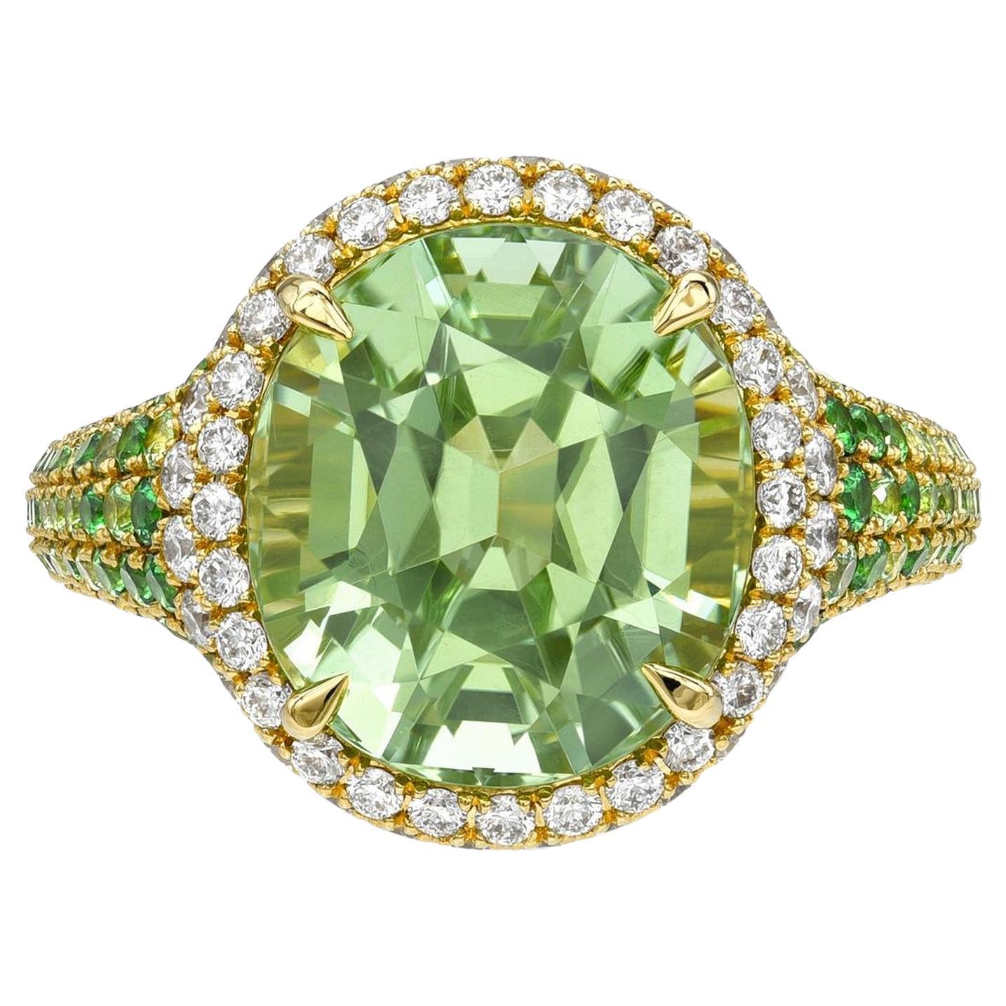 Anello cocktail con tormalina verde menta - Oro 18 carati di lusso con tsavoriti e diamanti