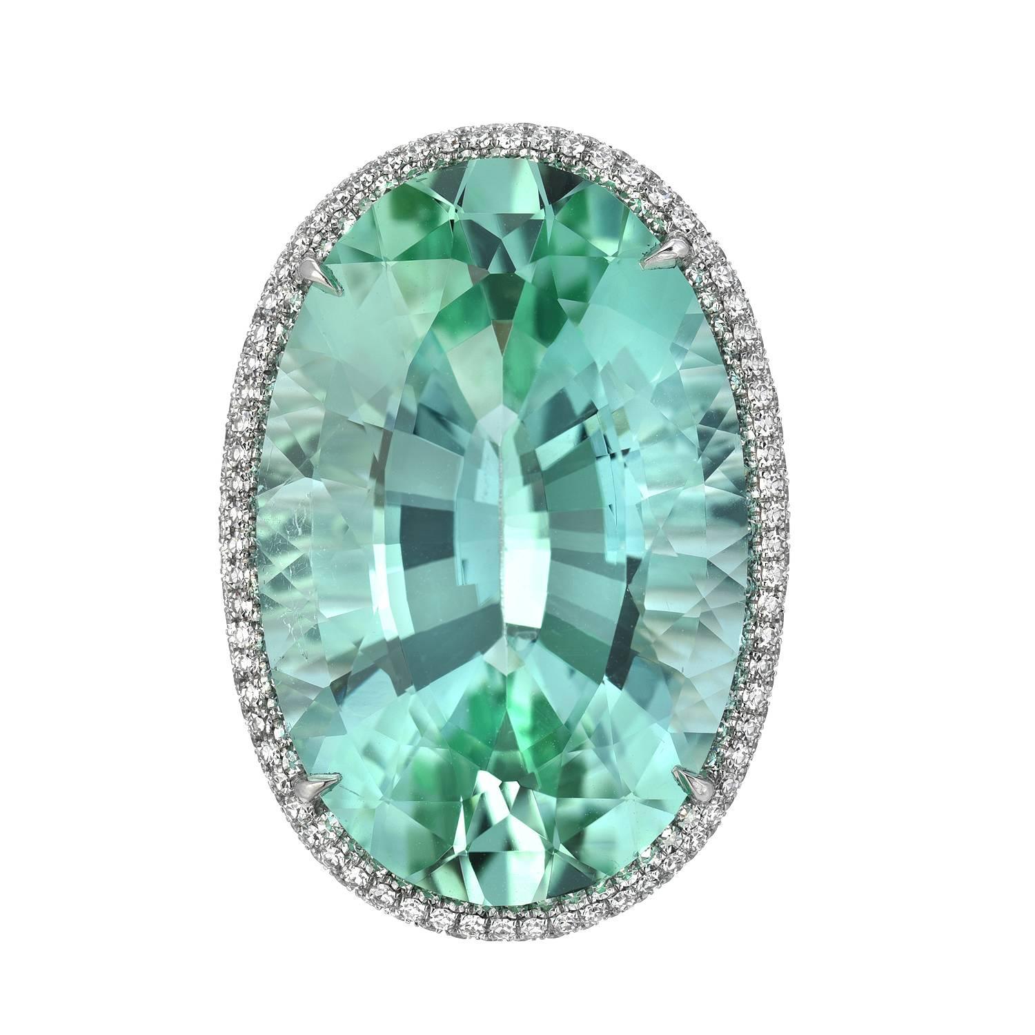 Oval Cut Unheated Green Tourmaline Ring 33.85 Carats Oval