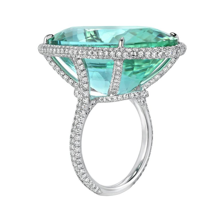 Mint Green Tourmaline Diamond Platinum Ring Oval 33.85 Carat For Sale