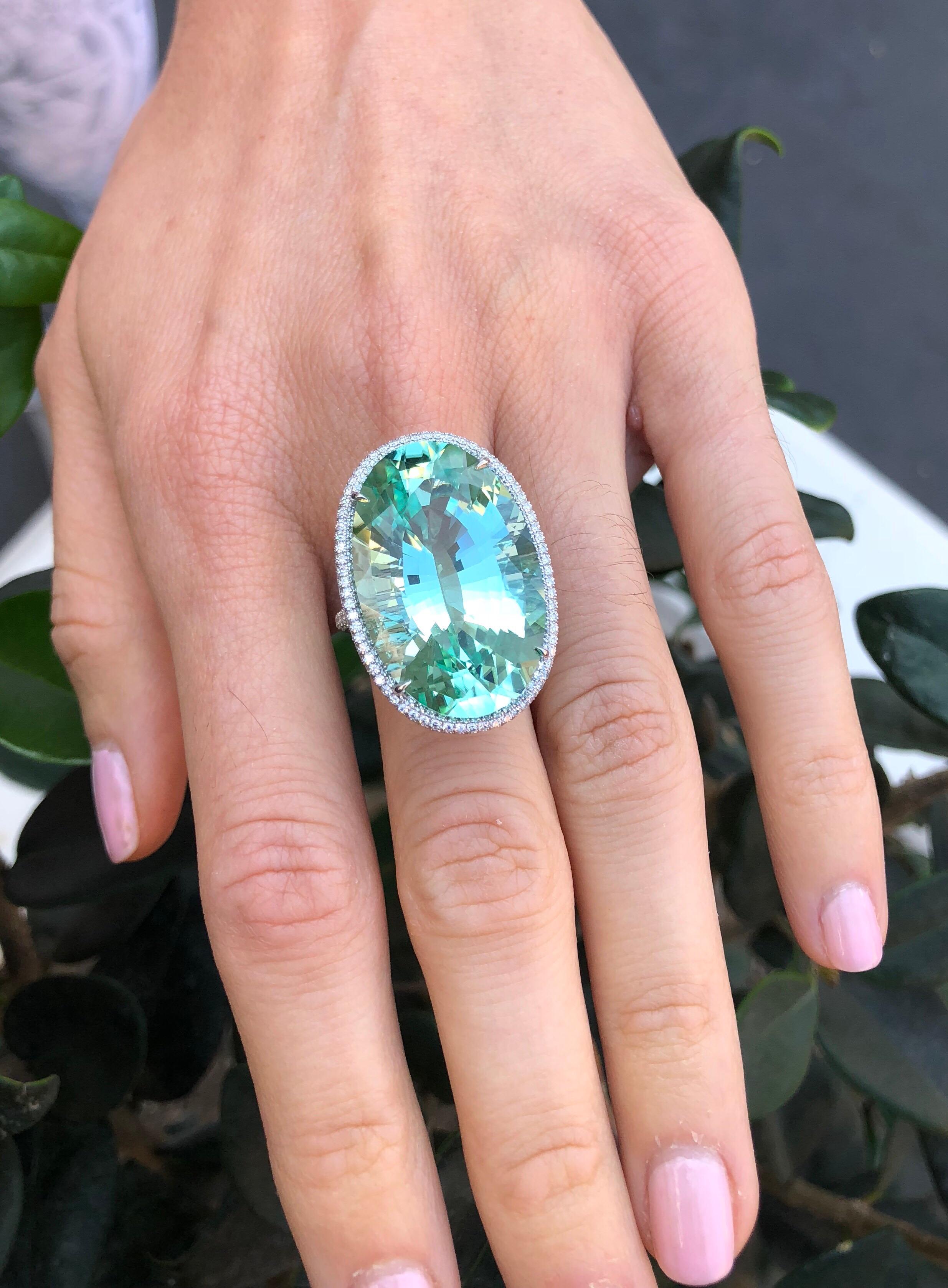 Unheated Green Tourmaline Ring 33.85 Carats Oval In New Condition In Beverly Hills, CA