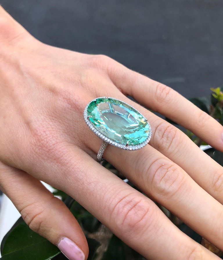 Mint Green Tourmaline Diamond Platinum Ring Oval 33.85 Carat For Sale