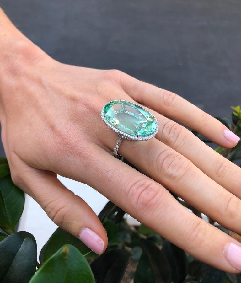 Mint Green Tourmaline Diamond Platinum Ring Oval 33.85 Carat For Sale