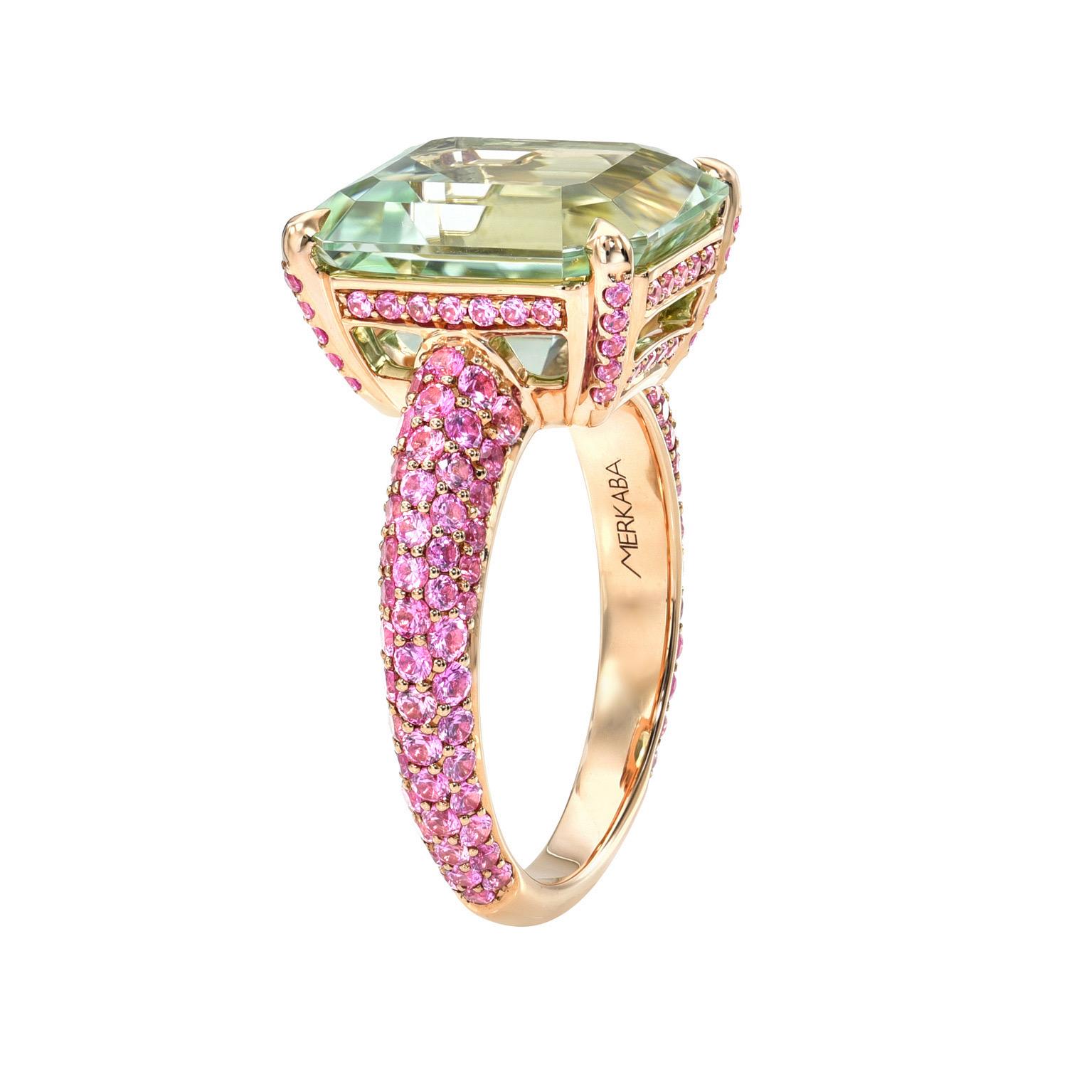 Emerald Cut Exquisite Mint Green Tourmaline Luxury Cocktail Gold Ring with Pink Sapphire