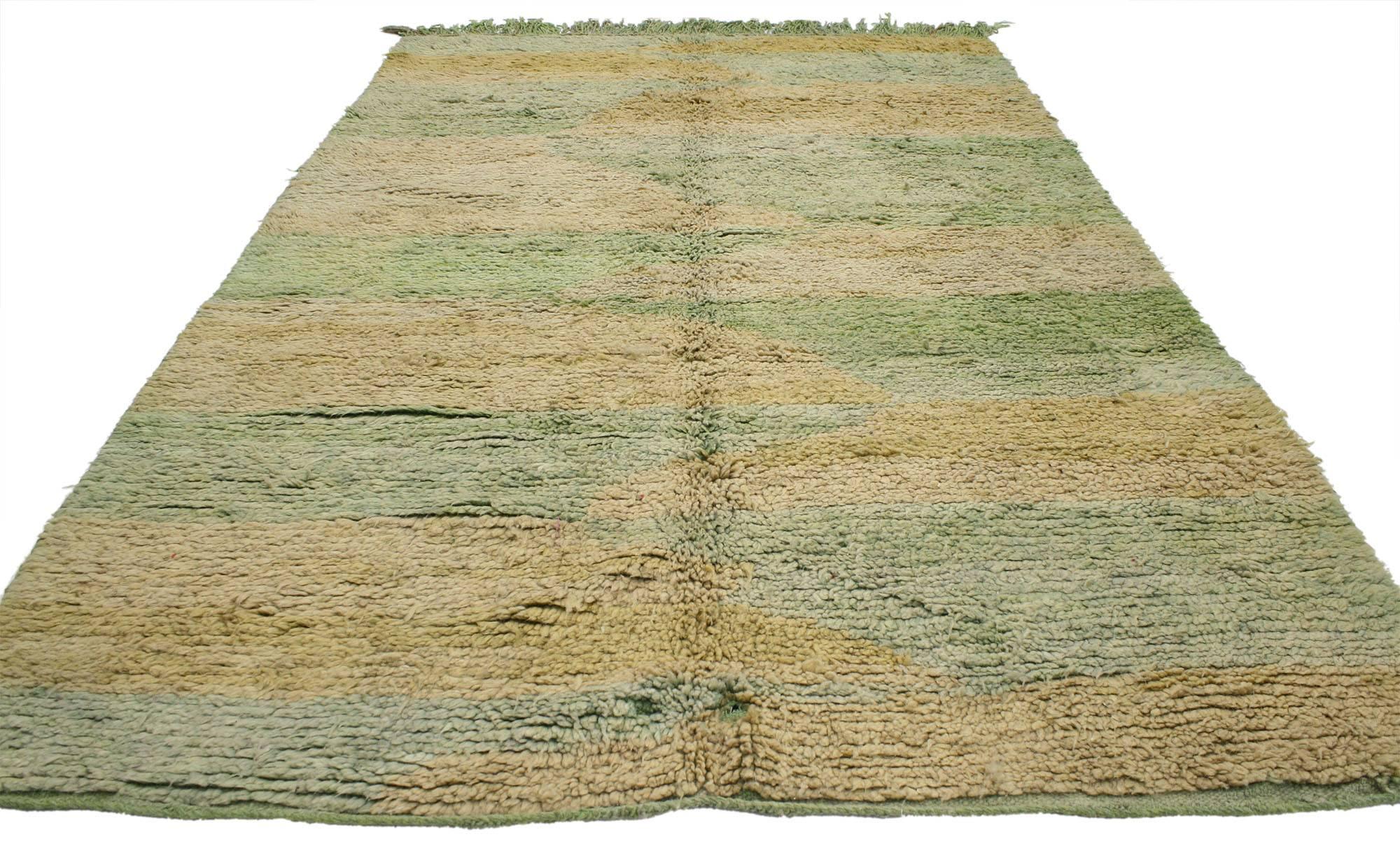 20631 Soft green vintage Berber Moroccan rug with modern style. Featuring rich waves of abrash and the graphic appeal of Folk Art, this hand-knotted wool soft green vintage Moroccan rug represents modern style while staying true to the authentic