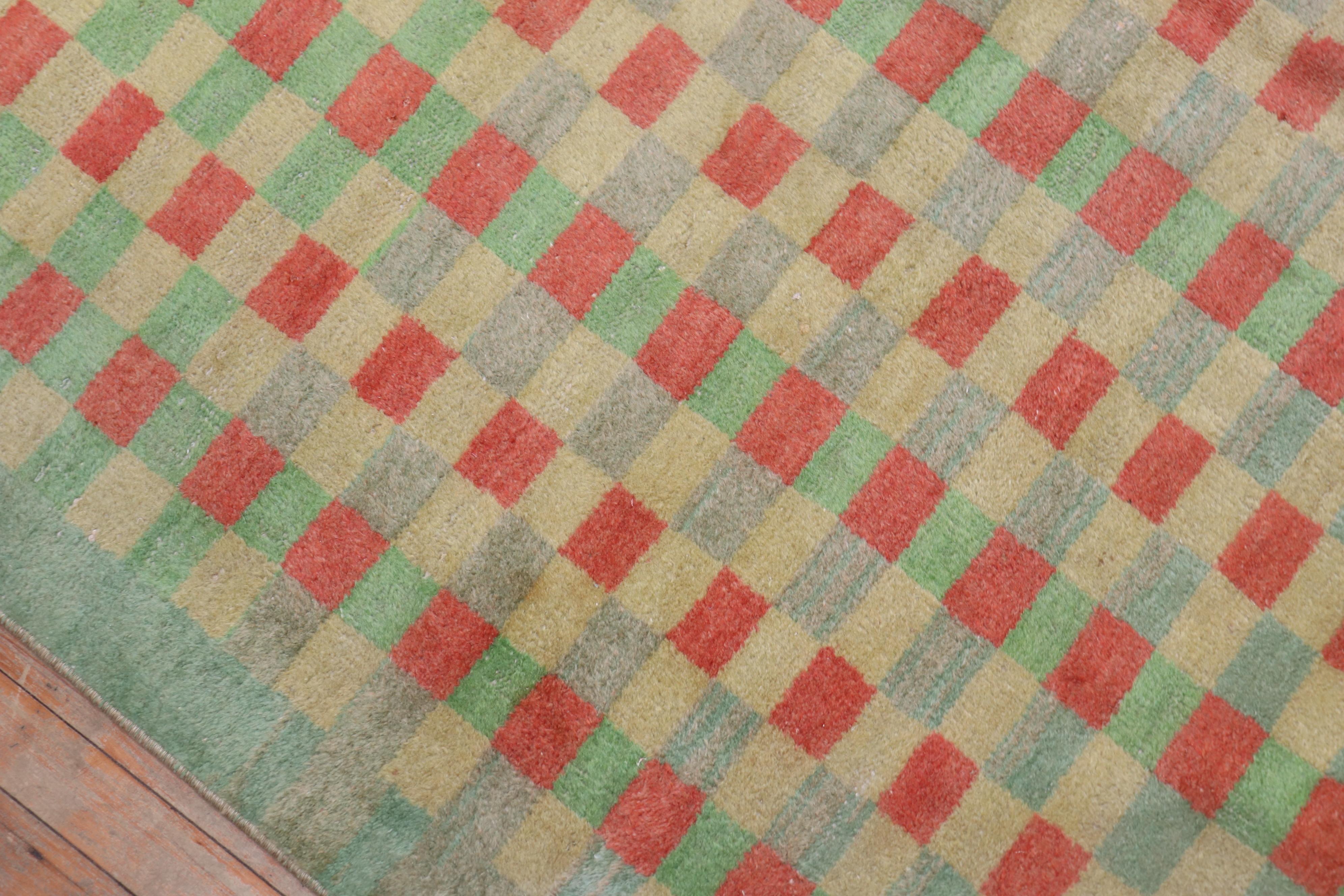 Mint Green Vintage Turkish Anatolian Deco Checkerboard Rug For Sale 3