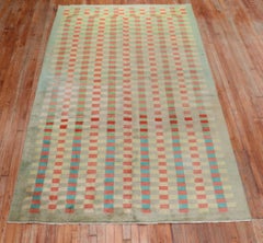 Mint Green Vintage Turkish Anatolian Deco Checkerboard Rug