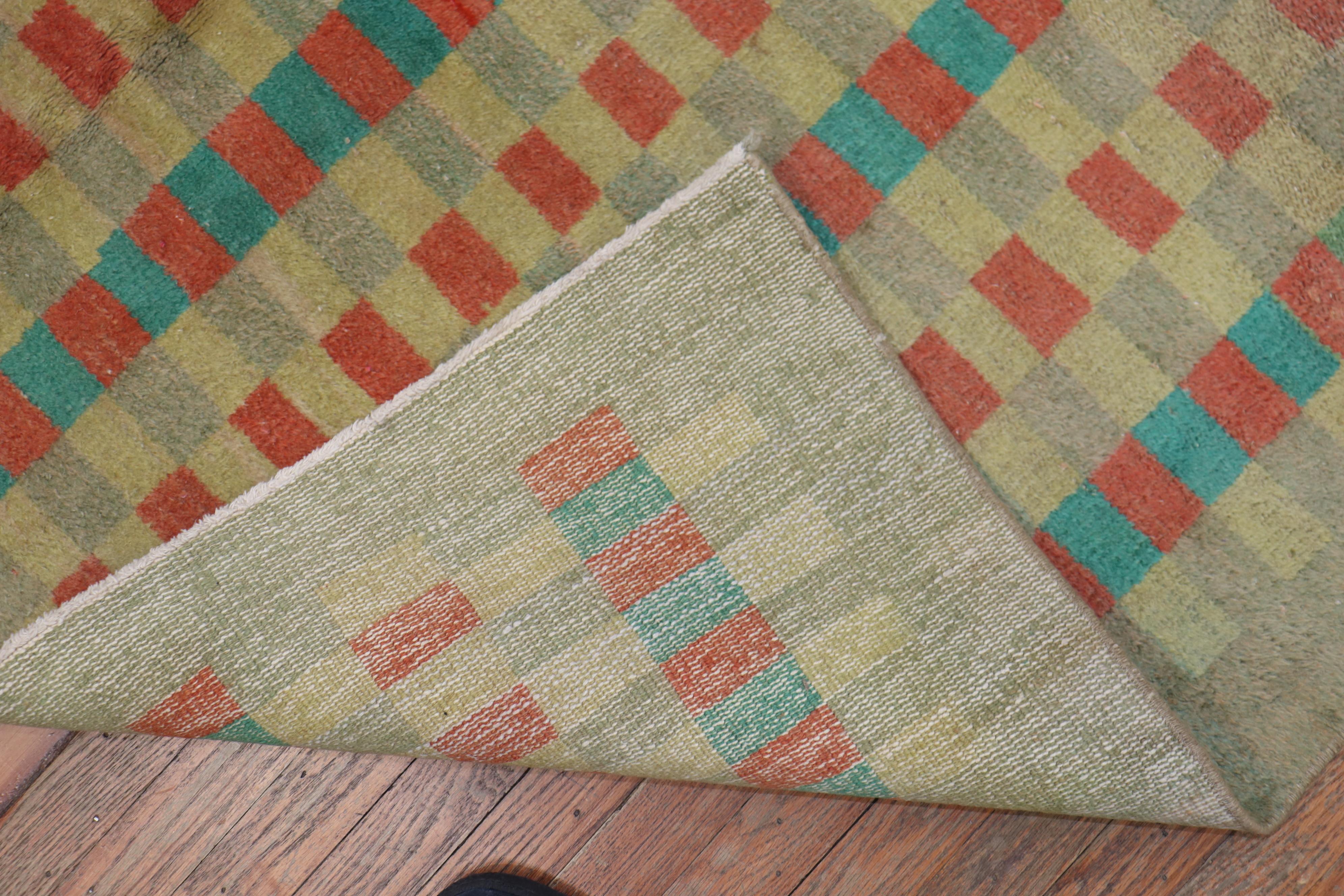 Mint Green Vintage Turkish Anatolian Deco Checkerboard Rug In Good Condition For Sale In New York, NY