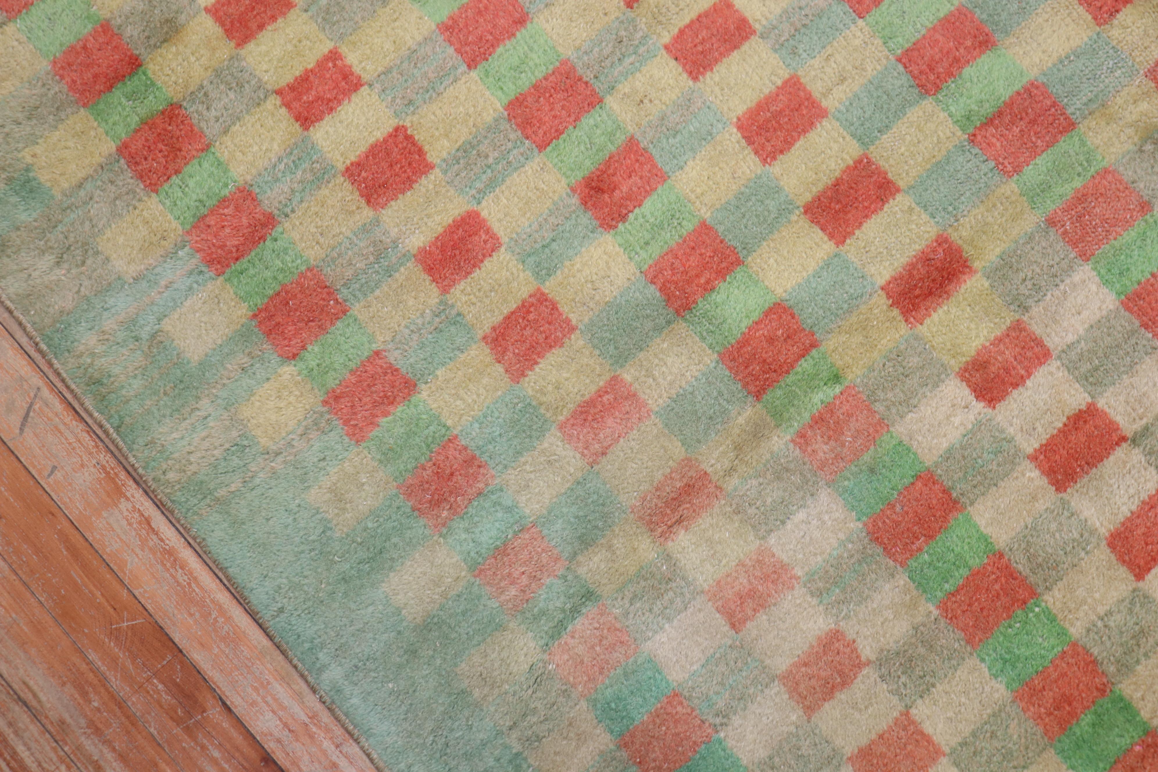 Mid-20th Century Mint Green Vintage Turkish Anatolian Deco Checkerboard Rug For Sale