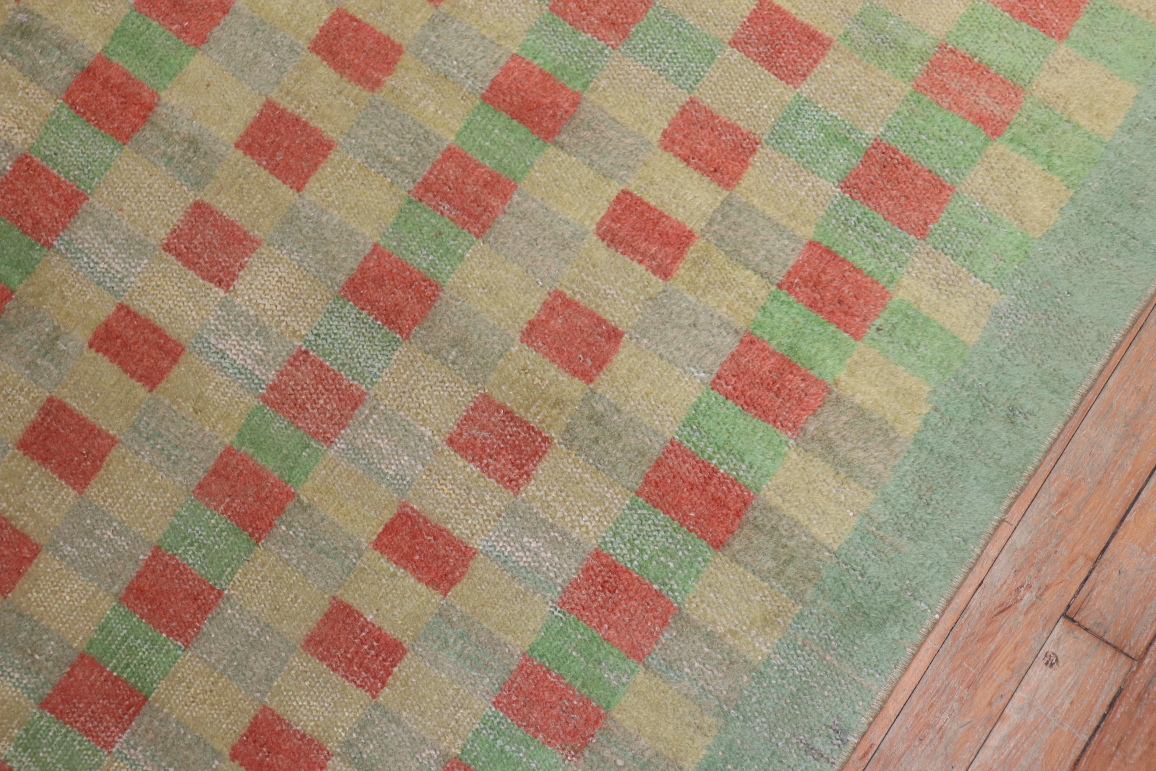 Mint Green Vintage Turkish Anatolian Deco Checkerboard Rug For Sale 1