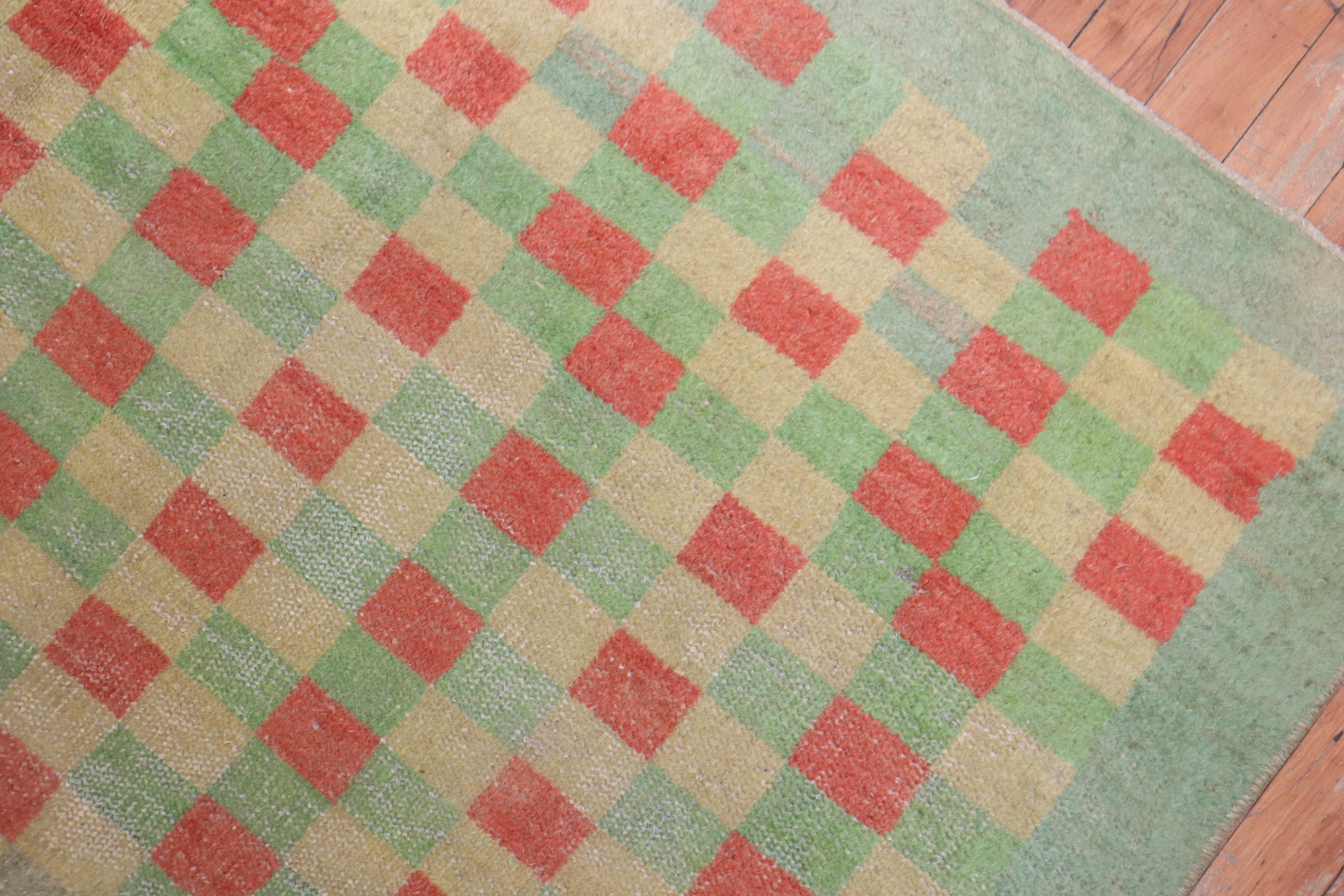 Mint Green Vintage Turkish Anatolian Deco Checkerboard Rug For Sale 2