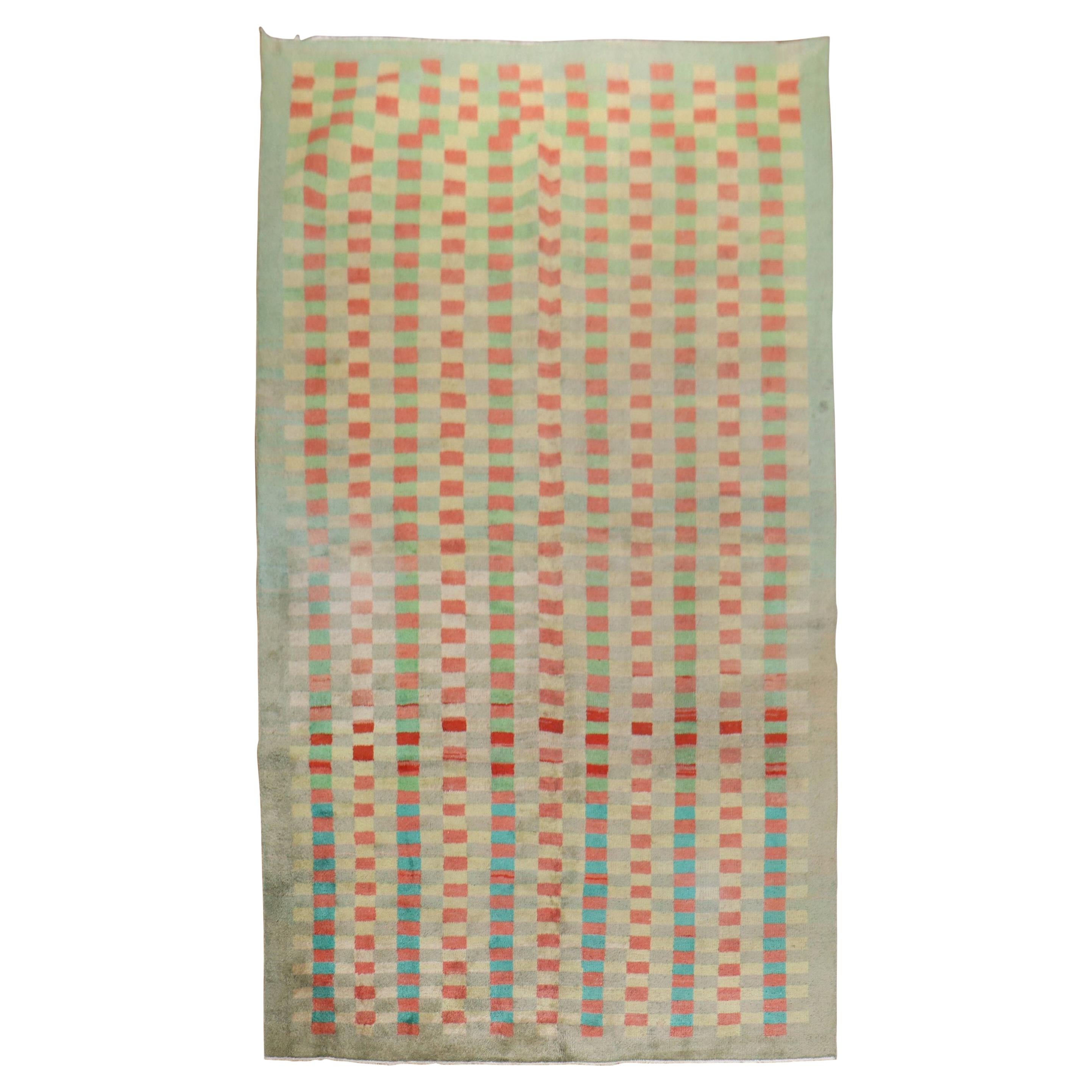 Mint Green Vintage Turkish Anatolian Deco Checkerboard Rug For Sale