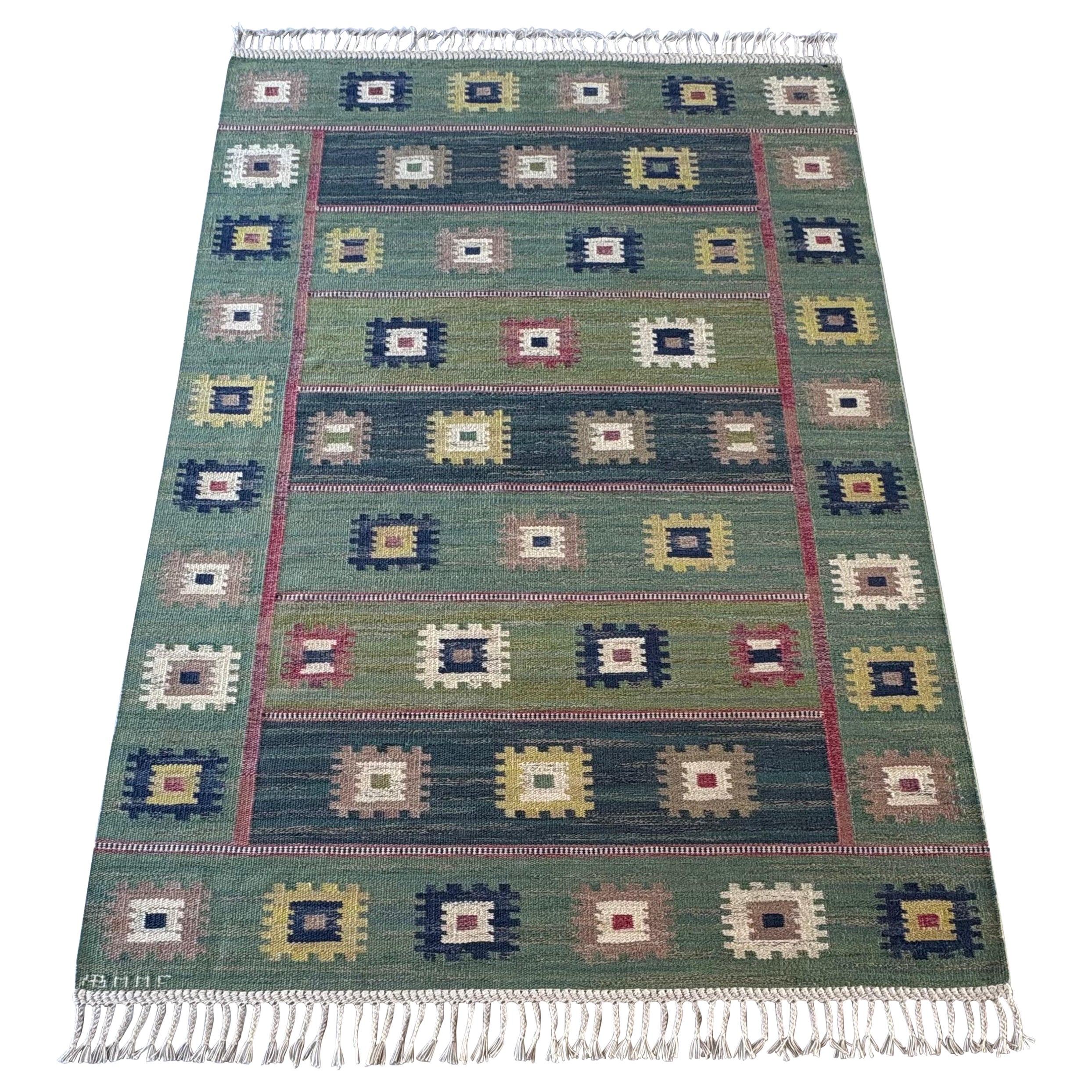 Mint "Grön äng" pure wool rölakan rug by Märta Måås-Fjetterström, Sweden 1928.