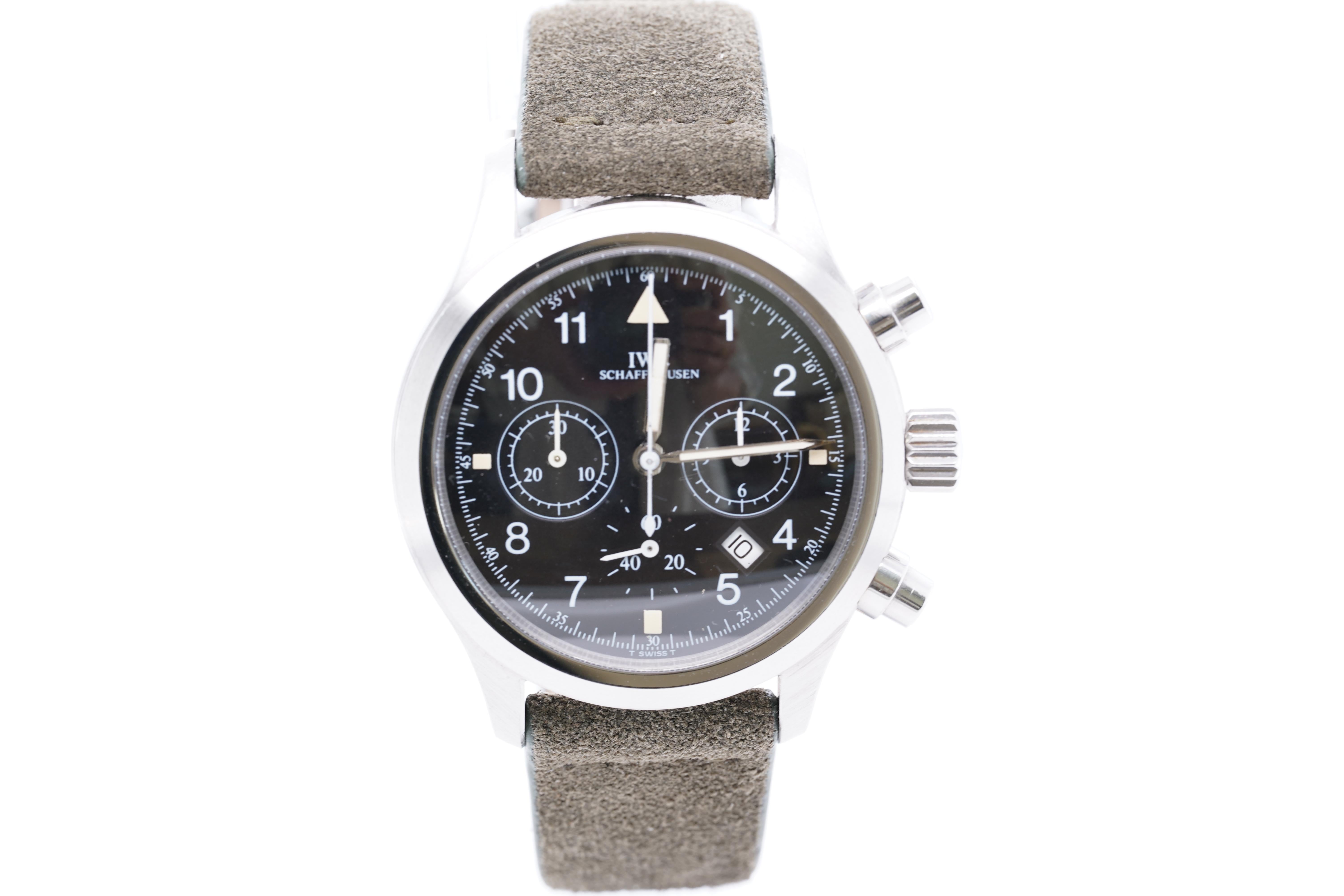 IWC Schaffhausen Fliegerchronograph Pilot's Watch Suede Strap Orig Box In Excellent Condition In Bozeman, MT