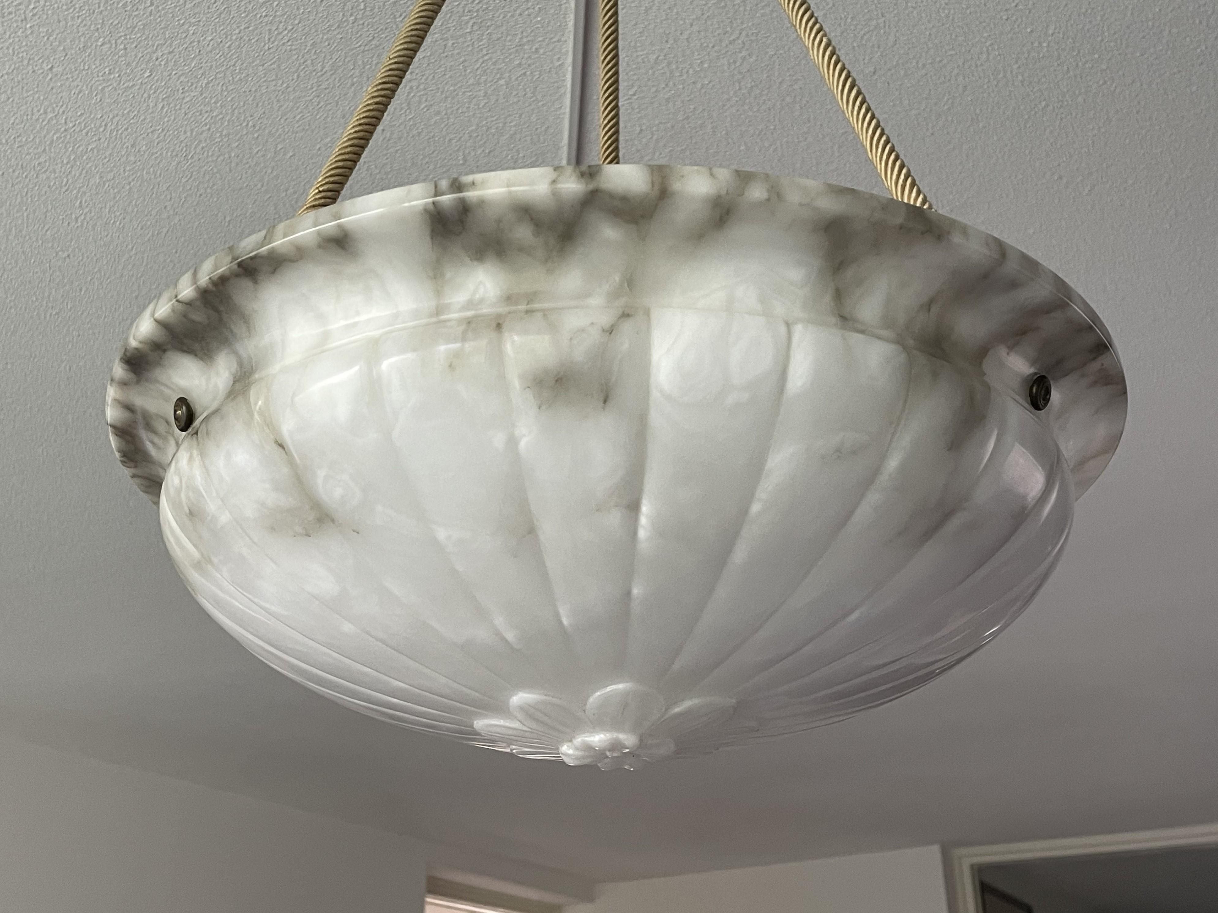 Mint & Marble-Like Antique Alabaster Pendant Light with Original Canopy & Rope For Sale 2