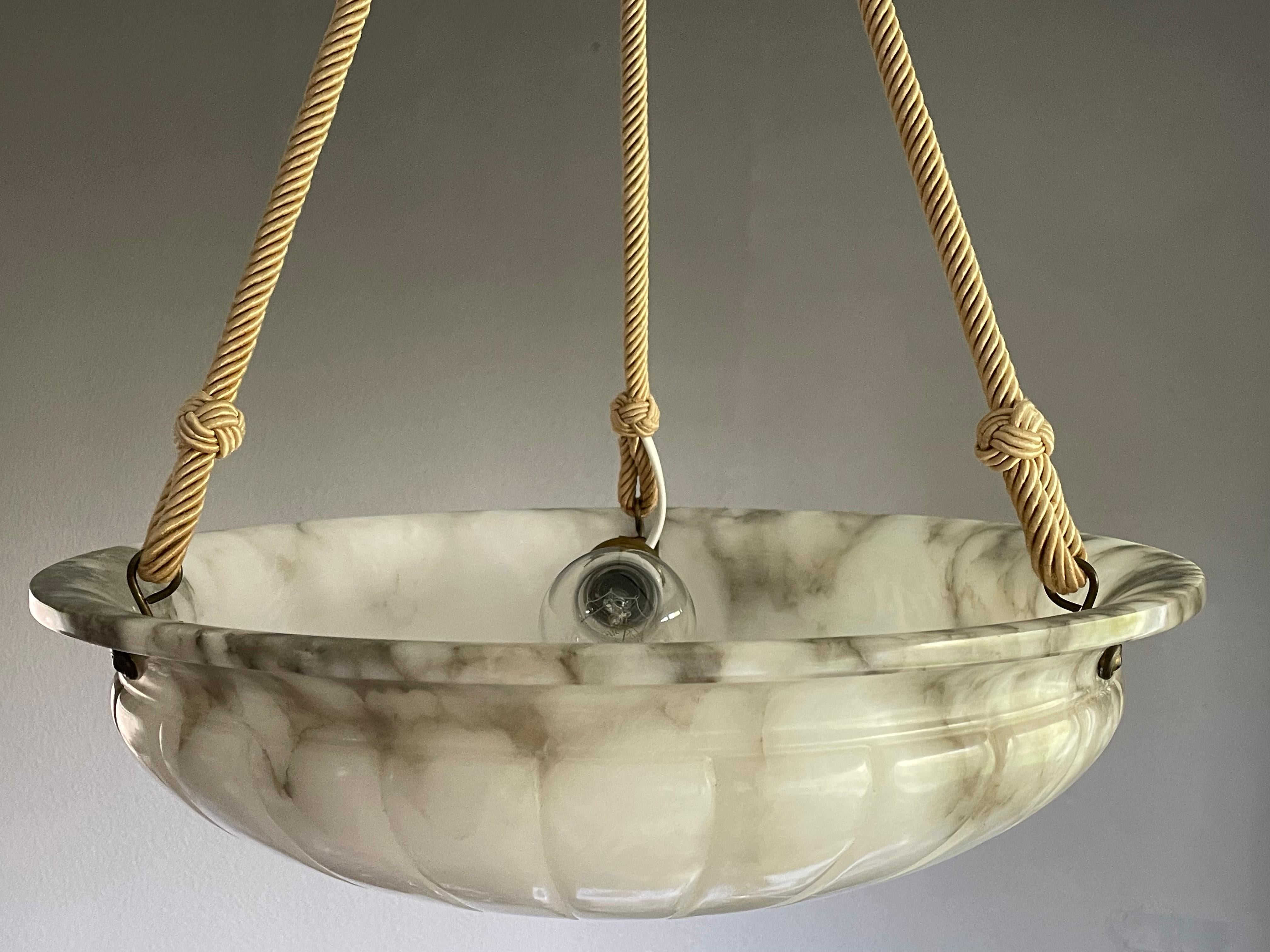 Mint & Marble-Like Antique Alabaster Pendant Light with Original Canopy & Rope For Sale 4