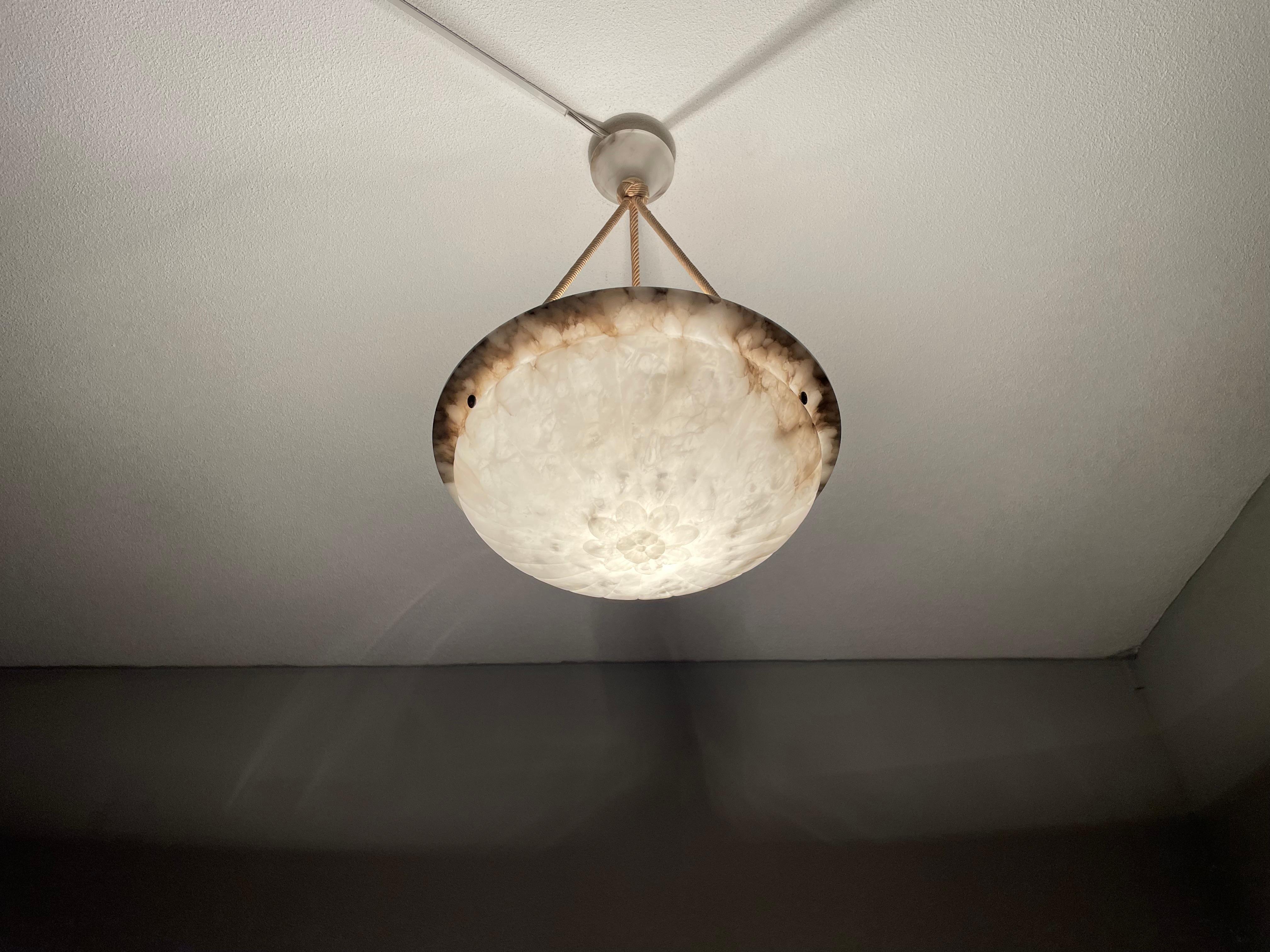 Mint & Marble-Like Antique Alabaster Pendant Light with Original Canopy & Rope For Sale 5