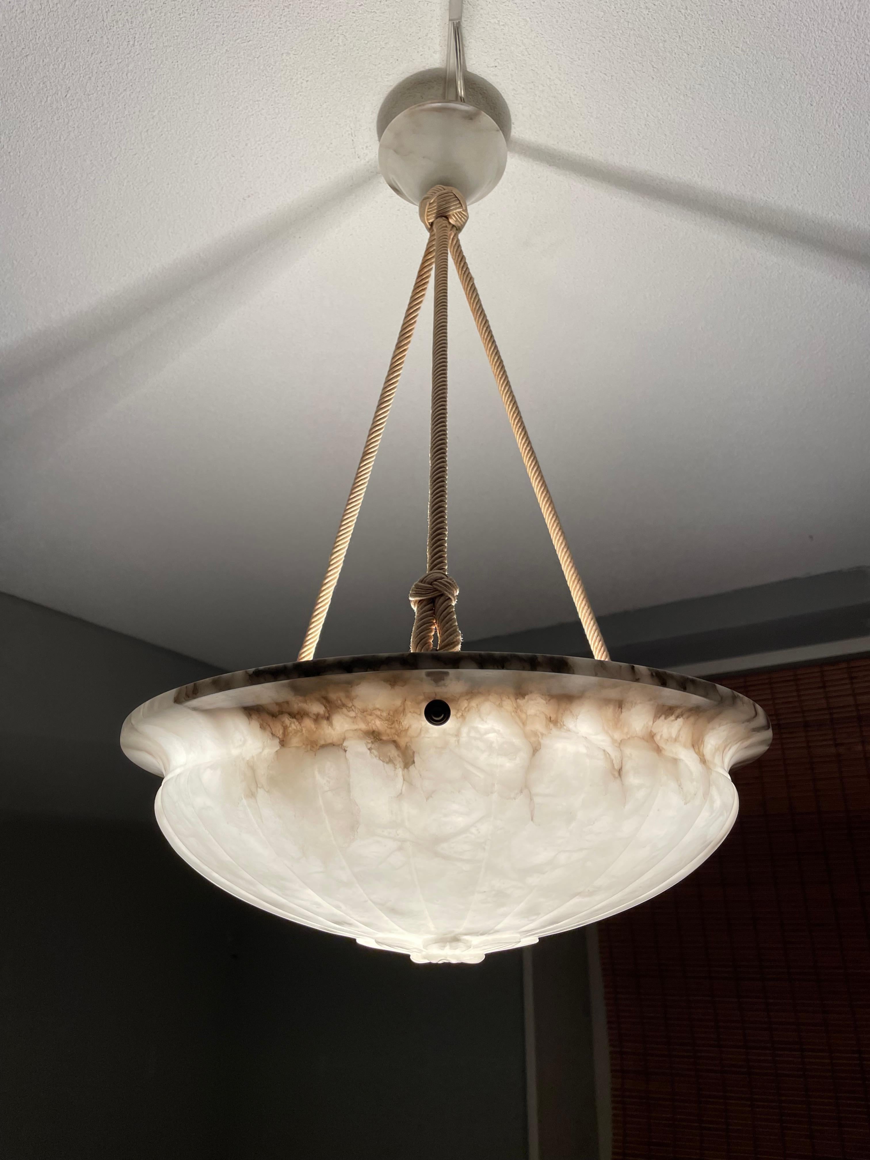 Mint & Marble-Like Antique Alabaster Pendant Light with Original Canopy & Rope For Sale 7