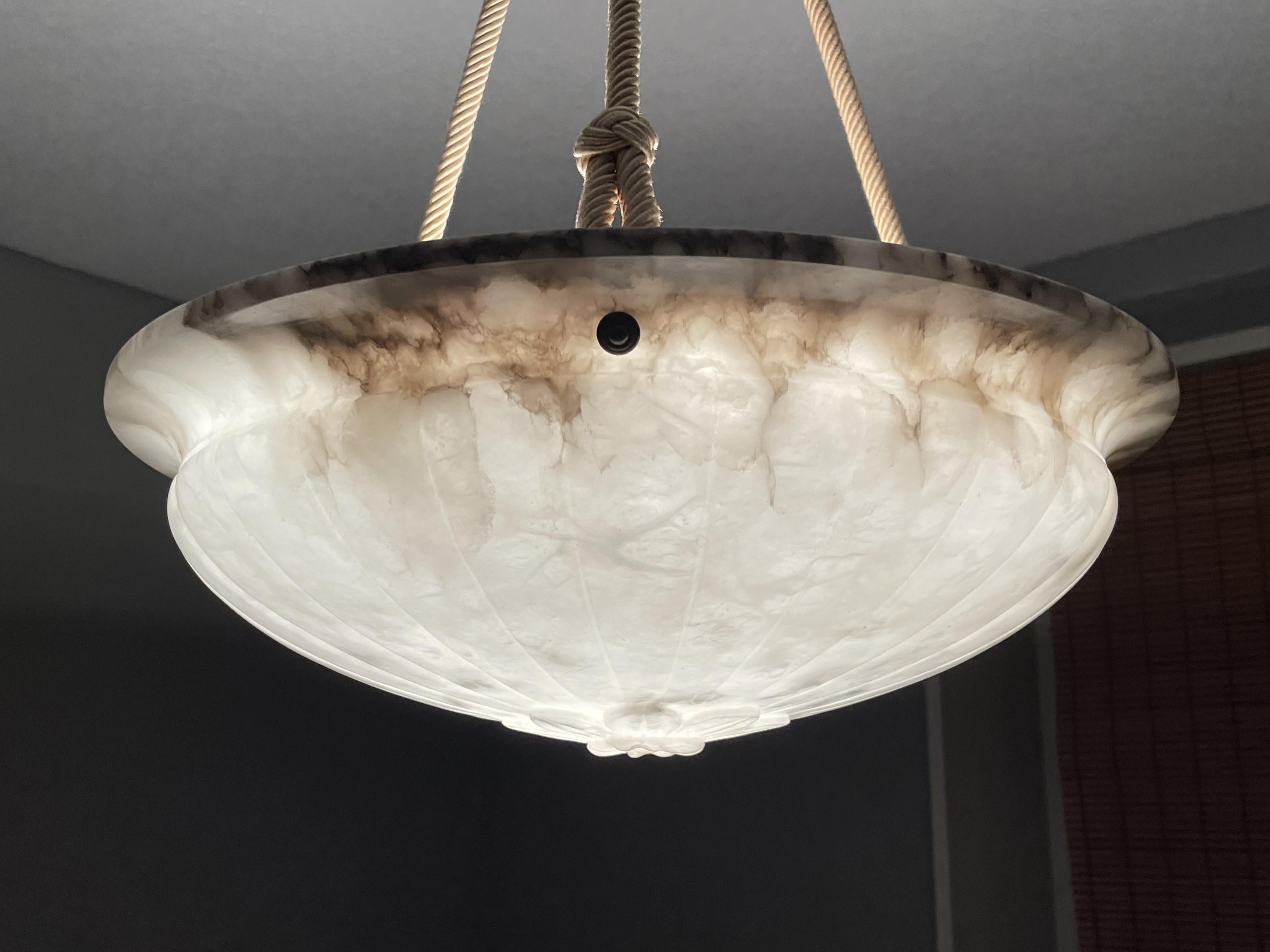 Mint & Marble-Like Antique Alabaster Pendant Light with Original Canopy & Rope For Sale 9