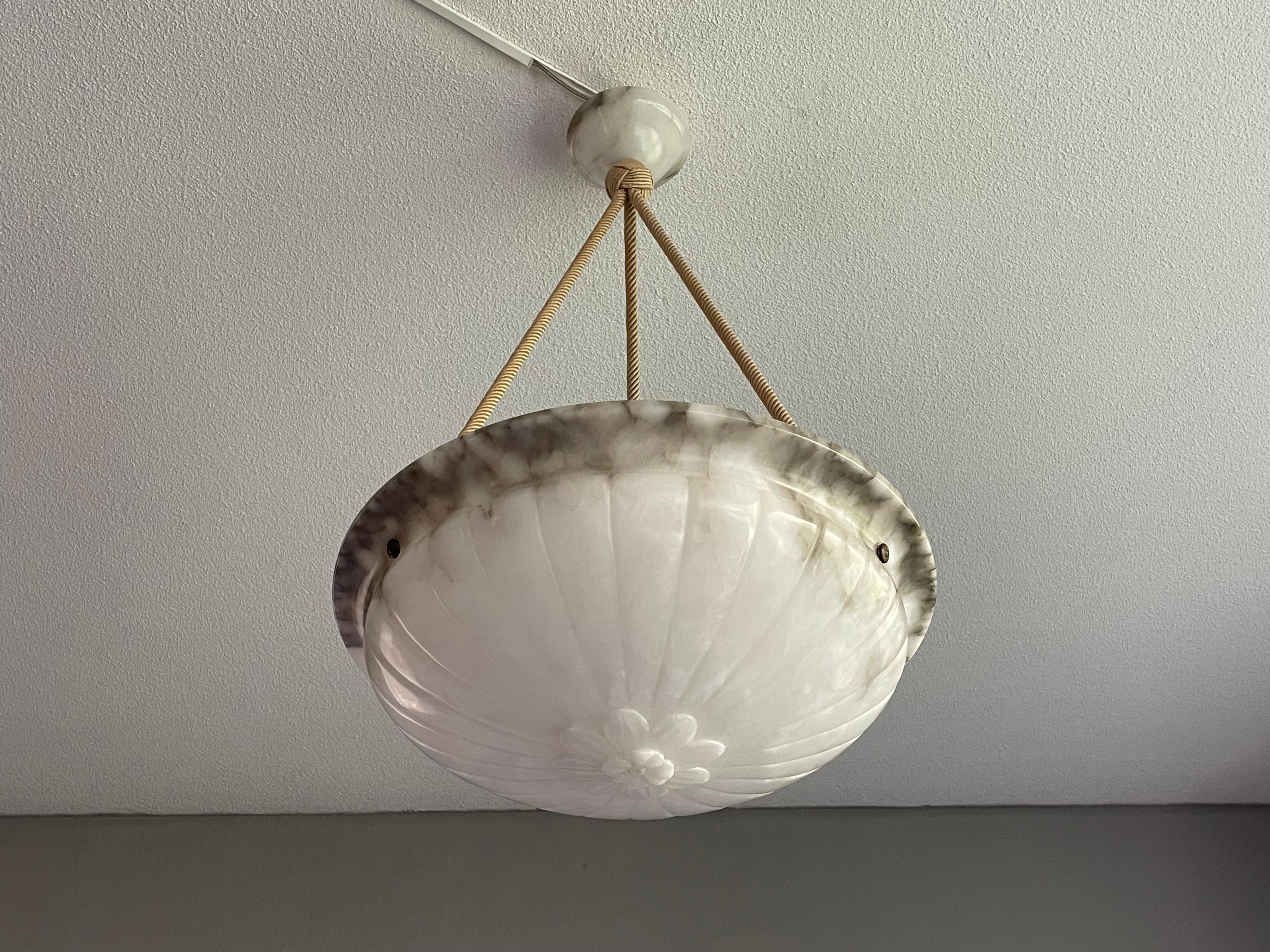 Mint & Marble-Like Antique Alabaster Pendant Light with Original Canopy & Rope For Sale 10